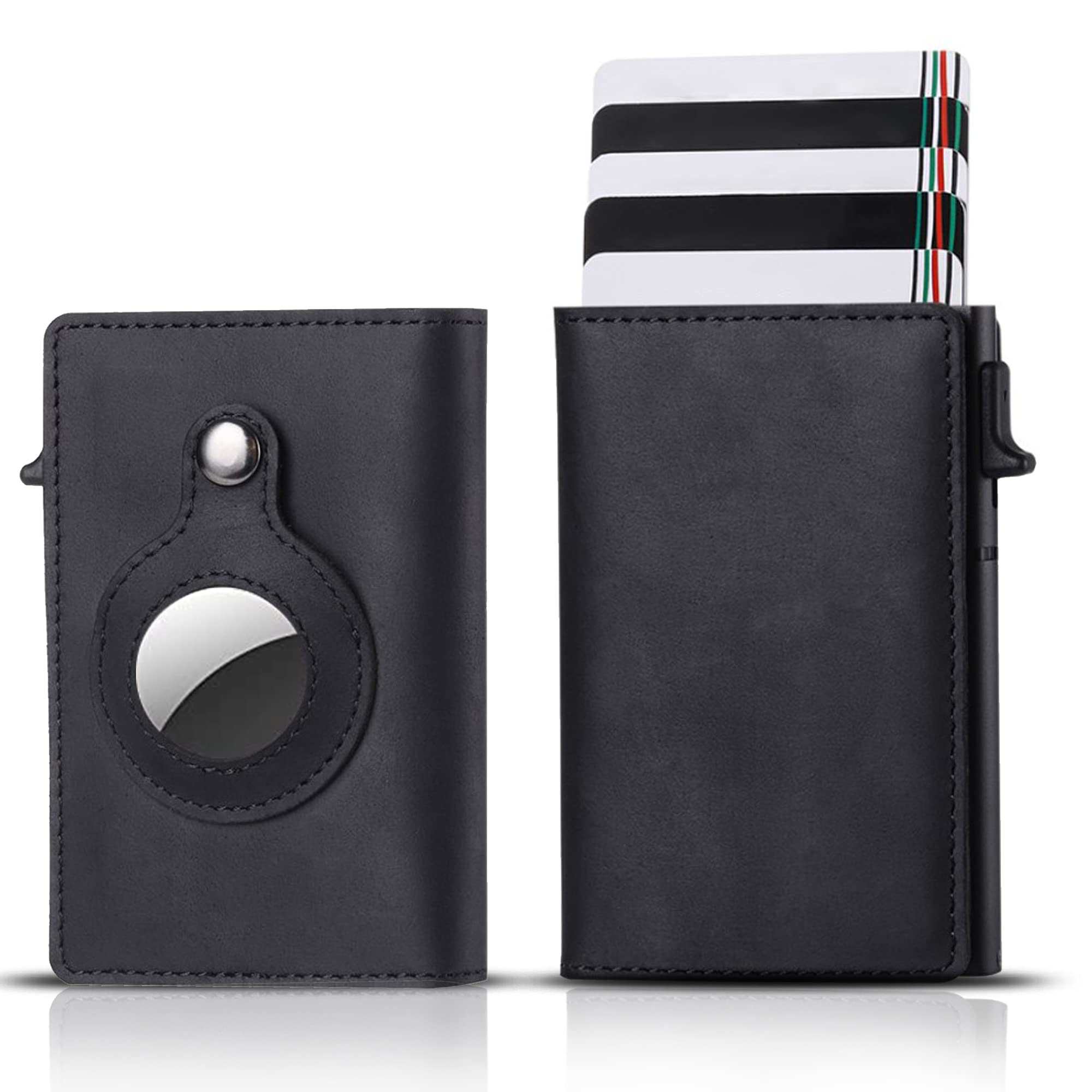 Airtag Wallet Case (Airtag Not Included) - Genuine Leather Wallet for Men - 5-6 Pop Up Credit Cards Money Holder, RFID Blocking - Slim, Thin, Trifold Wallet Air Tag Holder - Magnetic Close (Black)