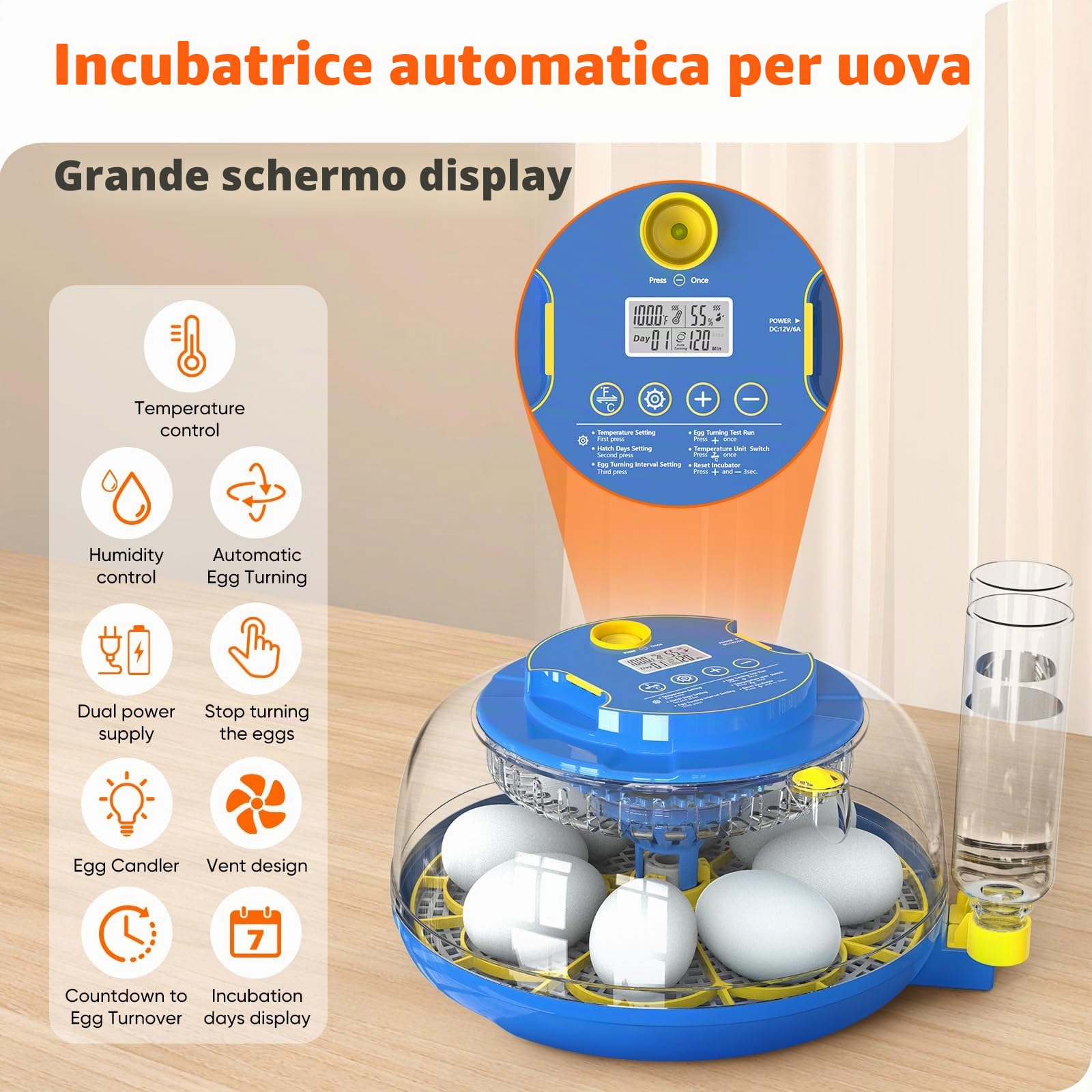 Incubatrice Automatica per Uova, 18 Uova, Aggiunta automatica d'acqua | Incubatrice Automatica, Girauova Automatico, Controllo Temperatura e Umidità, con ovoscopio, per Polli, Anatre e Quaglie