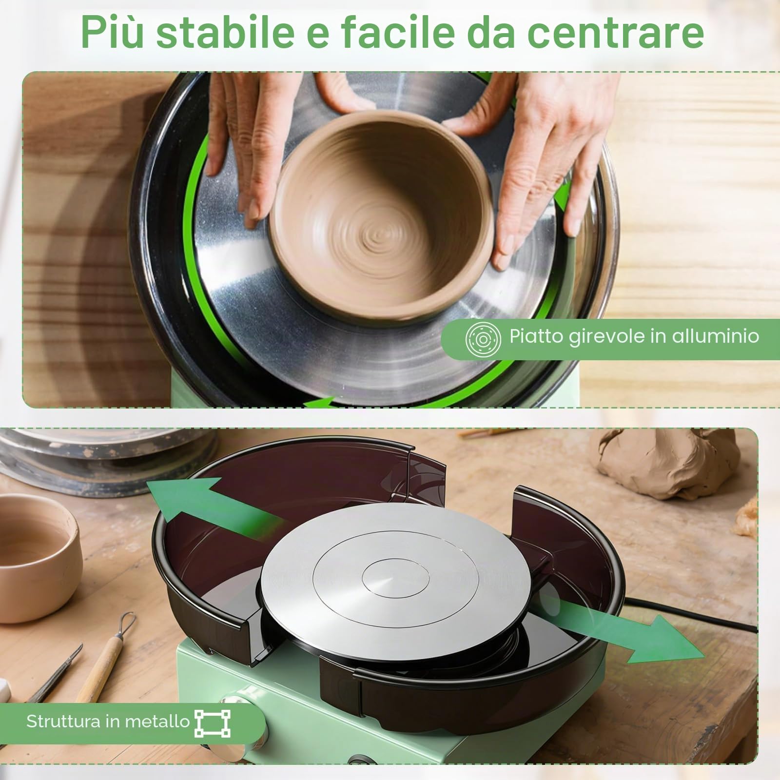 Mini Tornio da Ceramica con Piatto Rotante Bifacciale da 15 cm, Struttura Metallica, Paraspruzzi Rimovibile e Kit di Strumenti, Macchina per Modellare Argilla per Principianti, Bambini e Adulti