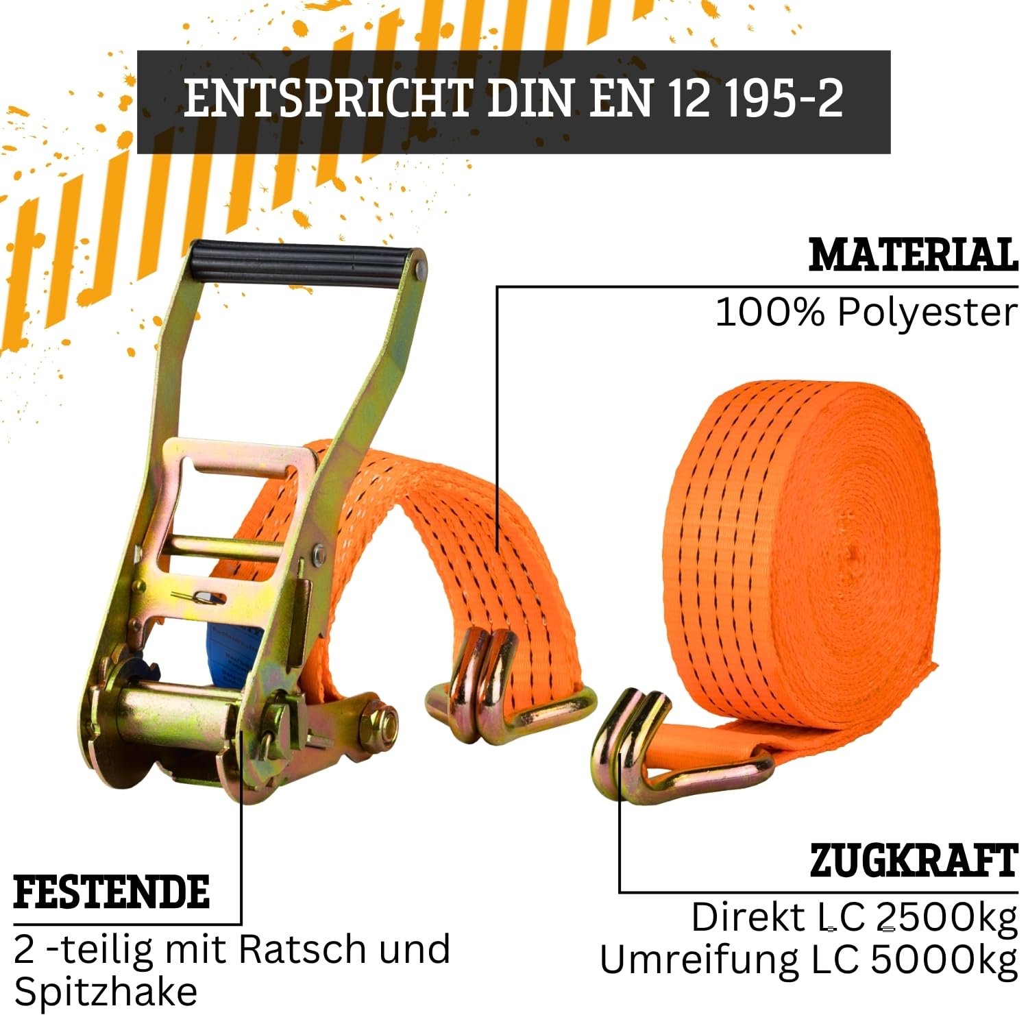 Safetytex Spanngurt zweiteilig 5t 12m 2500kg 5000 kg daN Zurrgurte 2teilig LKW Anhänger 5 to 12 Meter (4 Stück)