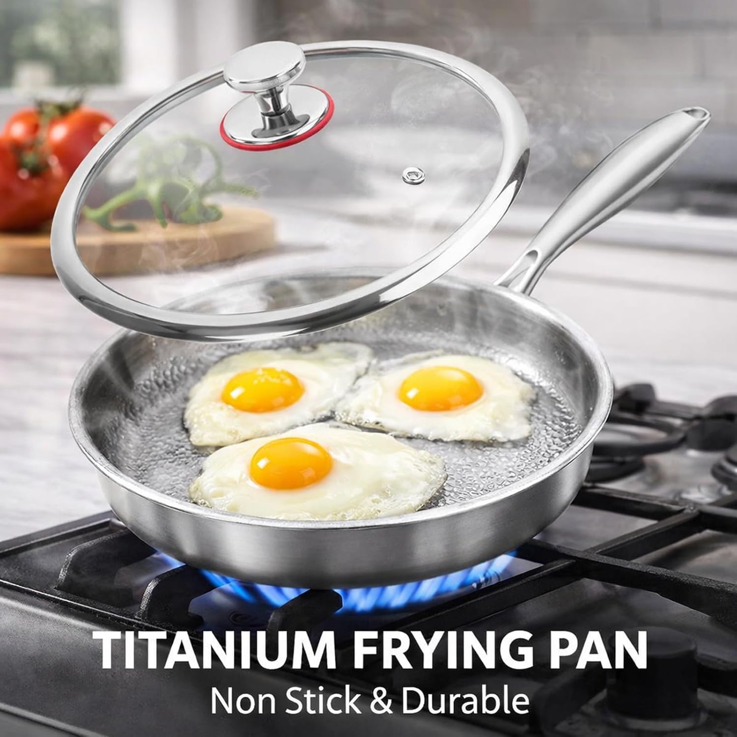 Titanium Pan for Cooking - 12.6 in Pro Frying Pan with Lid, Upgrade Non-stick Pure Titanium Cookware, Scratch-Resistant, Even Heat, All Stovetops, Lifetime Use (With lid, 12.6 in)