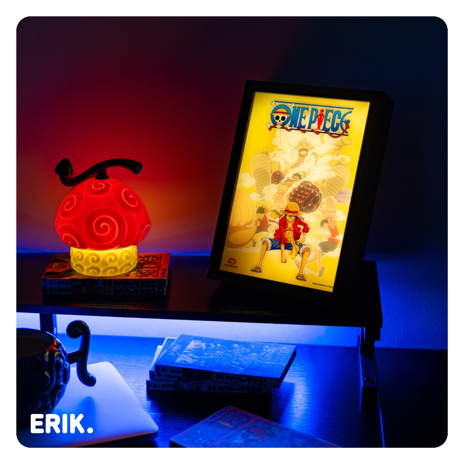 Cuadro One piece Manga - Poster enmarcado con LUZ LED para Decoracion Hogar o Set Up Gaming | One Piece Merchandising Regalos para Fans del Manga y Anime | 3 Tonos Luz y 5 Niveles Brillo (20x28cm)