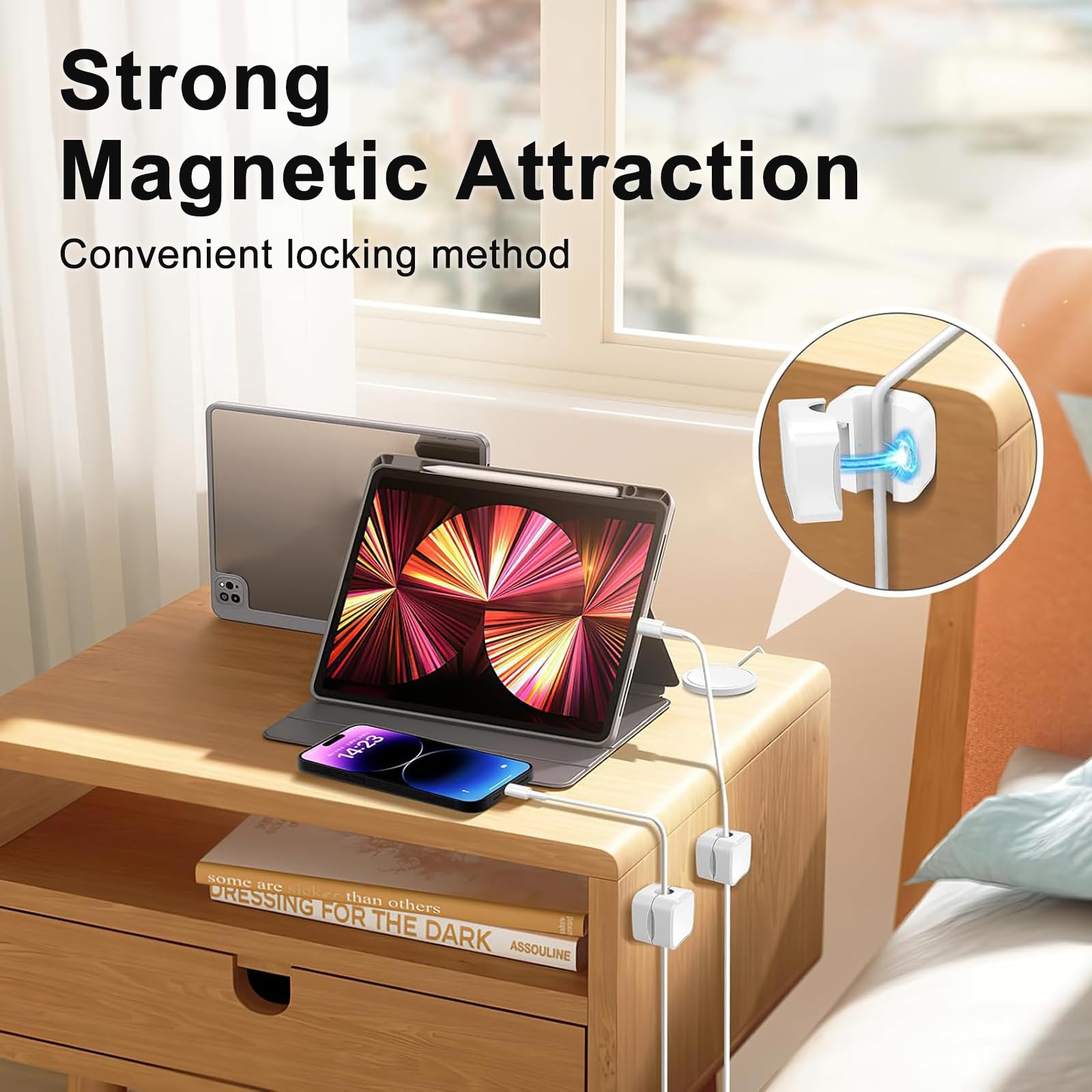 8 Pezzi Supporto per cavi magnetico, Organizer per la gestione dei cavi con clip, supporto per cavi di gestione dei cavi, per comodino, scrivania, USB, cavo audio, Bianco