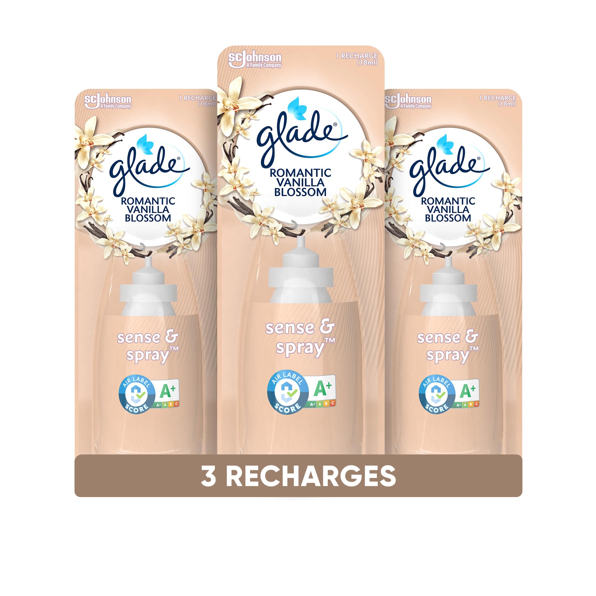 Glade Sense & Spray Recharges Diffuseur à Détection de Mouvement - Infusé Aux Huiles Essentielles - Jusqu'à 2 Mois de Parfum - Romantic Vanilla Blossom - 3 Recharges