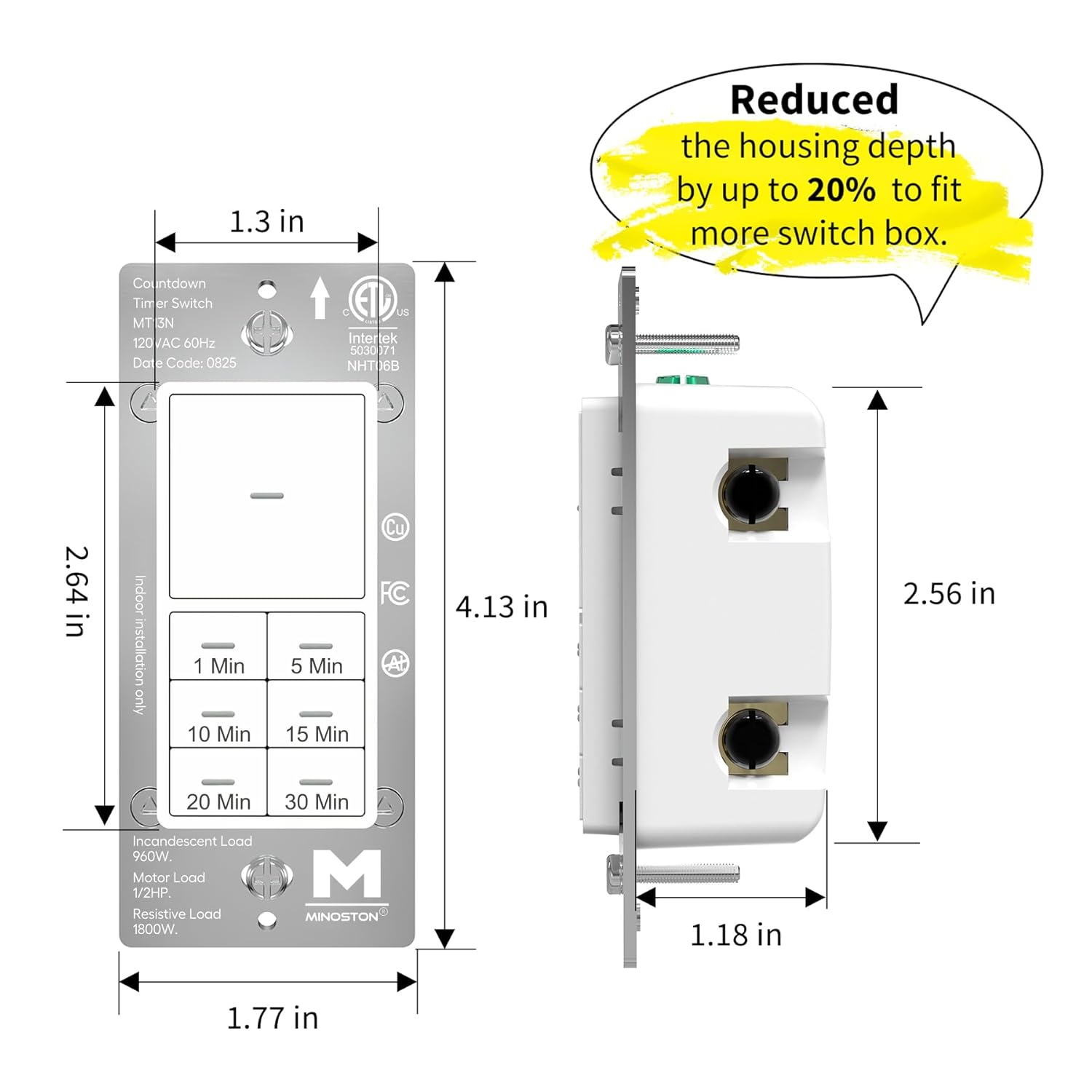 Minoston Countdown Timer Switch with Dimmable Indicator, 30 Min Wall Bath Fan Timer Switch for Bathroom Exhaust Fan and Light, 1-5-10-15-20-30 Minute, Neutral Wire Required, 120V, White (MT13N) - Image 4