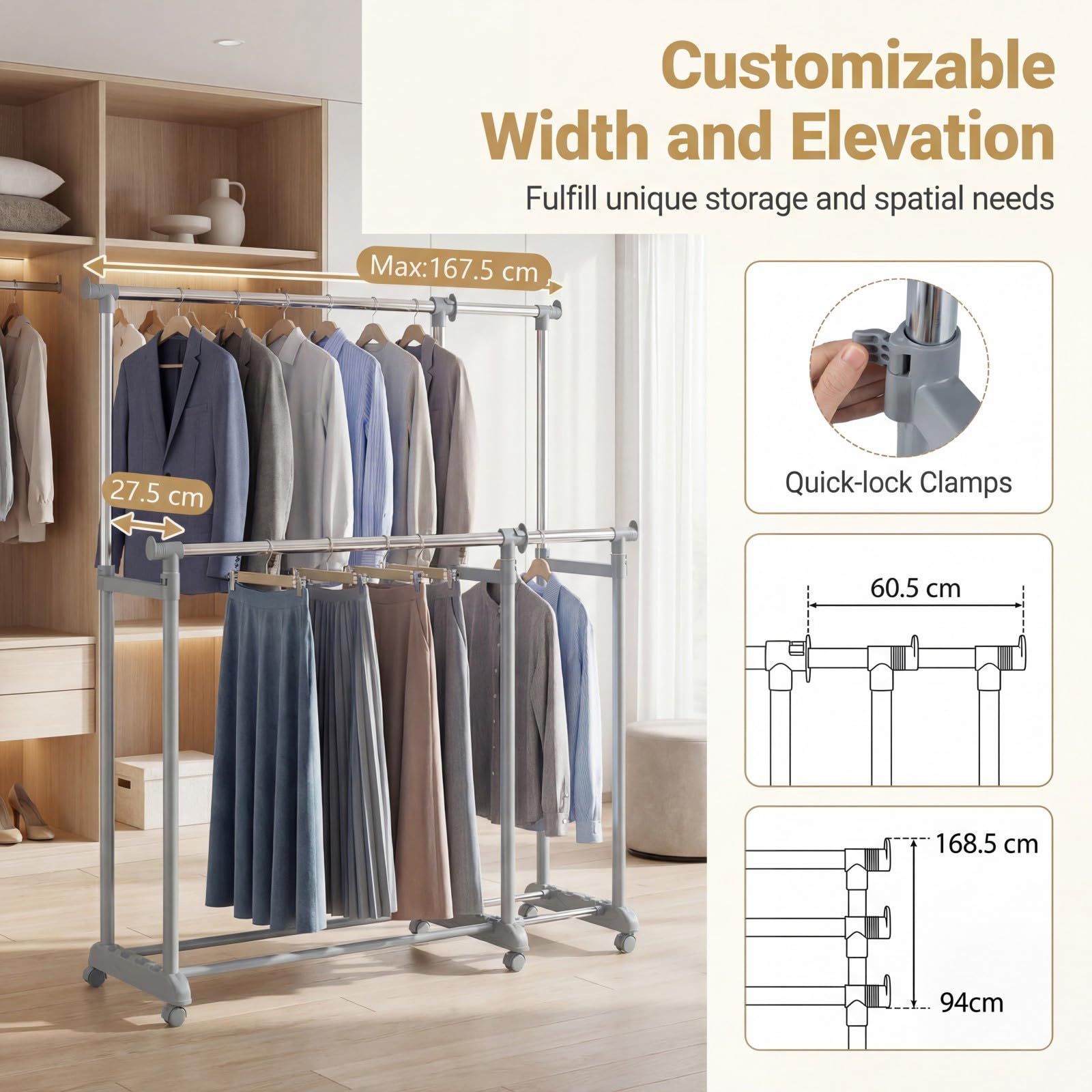 HOMASIS Perchero Burro Ropa Extensible con Ruedas | Doble Barra para Colgar Ropa con Altura y Anchura Ajustables, Marco Metálico, Barras Inferiores y Laterales, Colgador Ropa