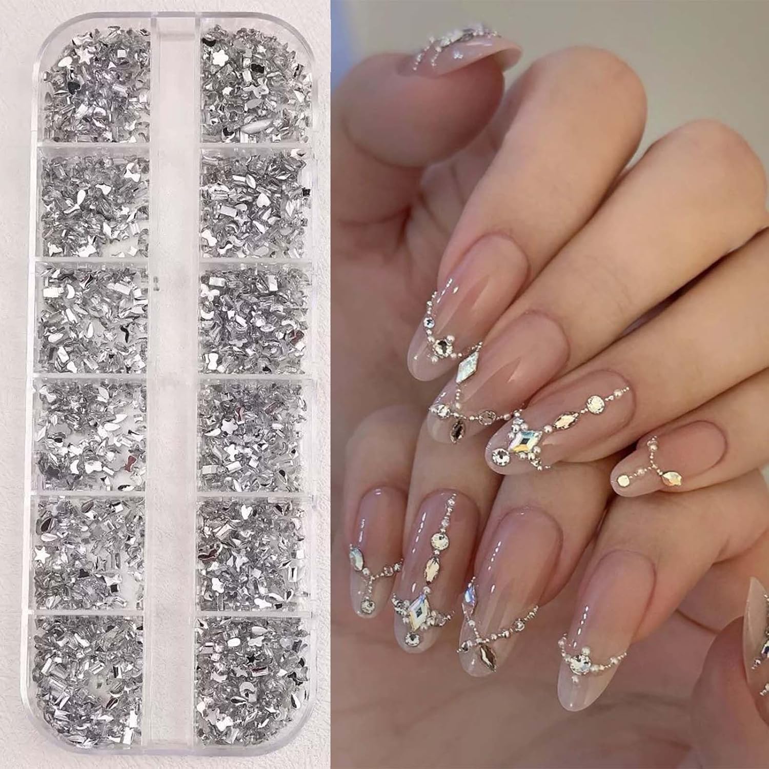 ONPRESS 4Boxes/48Gird 4000Pcs Colorful Rhinestones Nail Art Charms 3D Flatback Rhinestones for Nails Art Design Heart Star Flower Nail Diamonds Kawaii Nail Crafts Acrylic Diamonds for Women Manicure