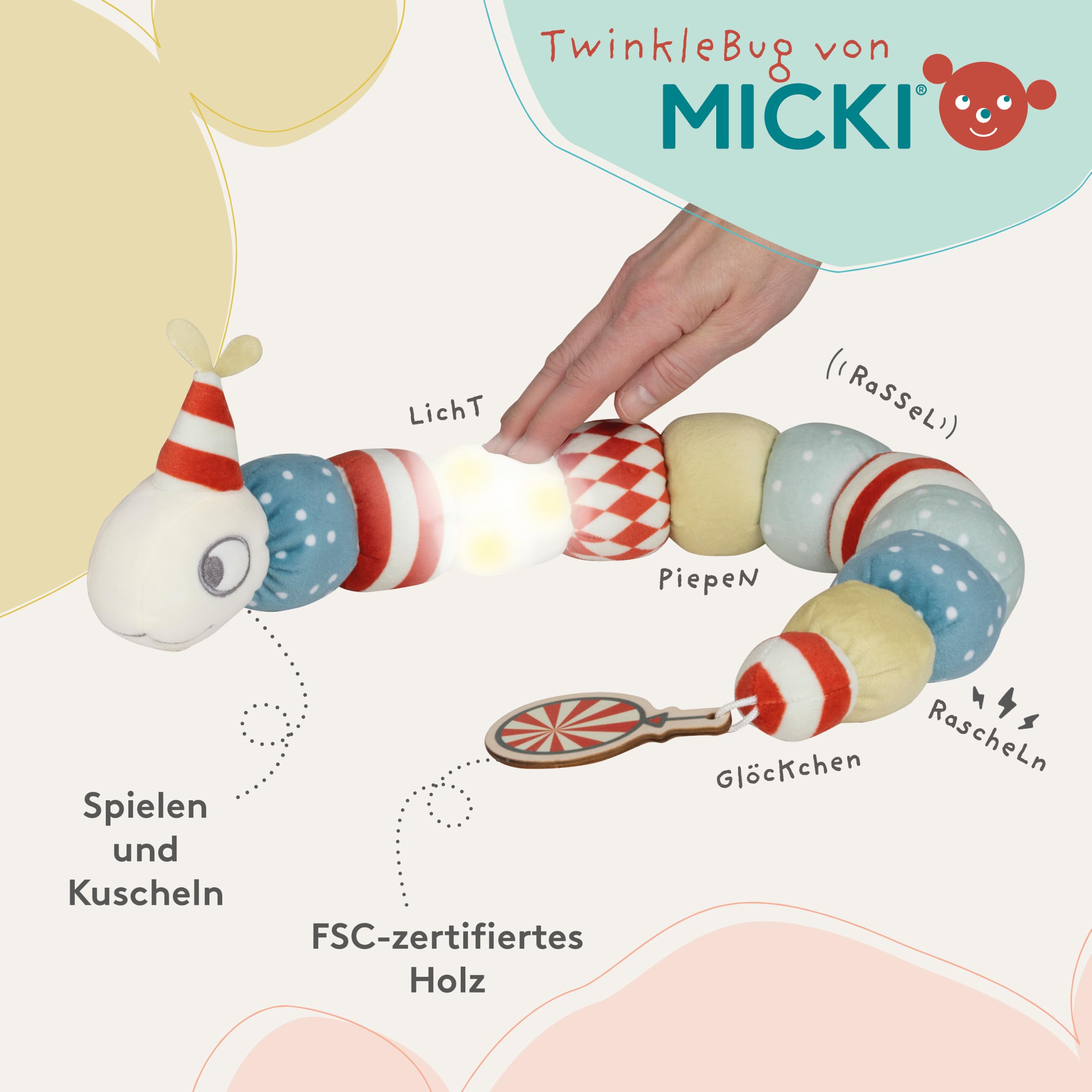 Micki Twinklebug zabawka dla niemowląt, zabawka sensoryczna z drewnianym