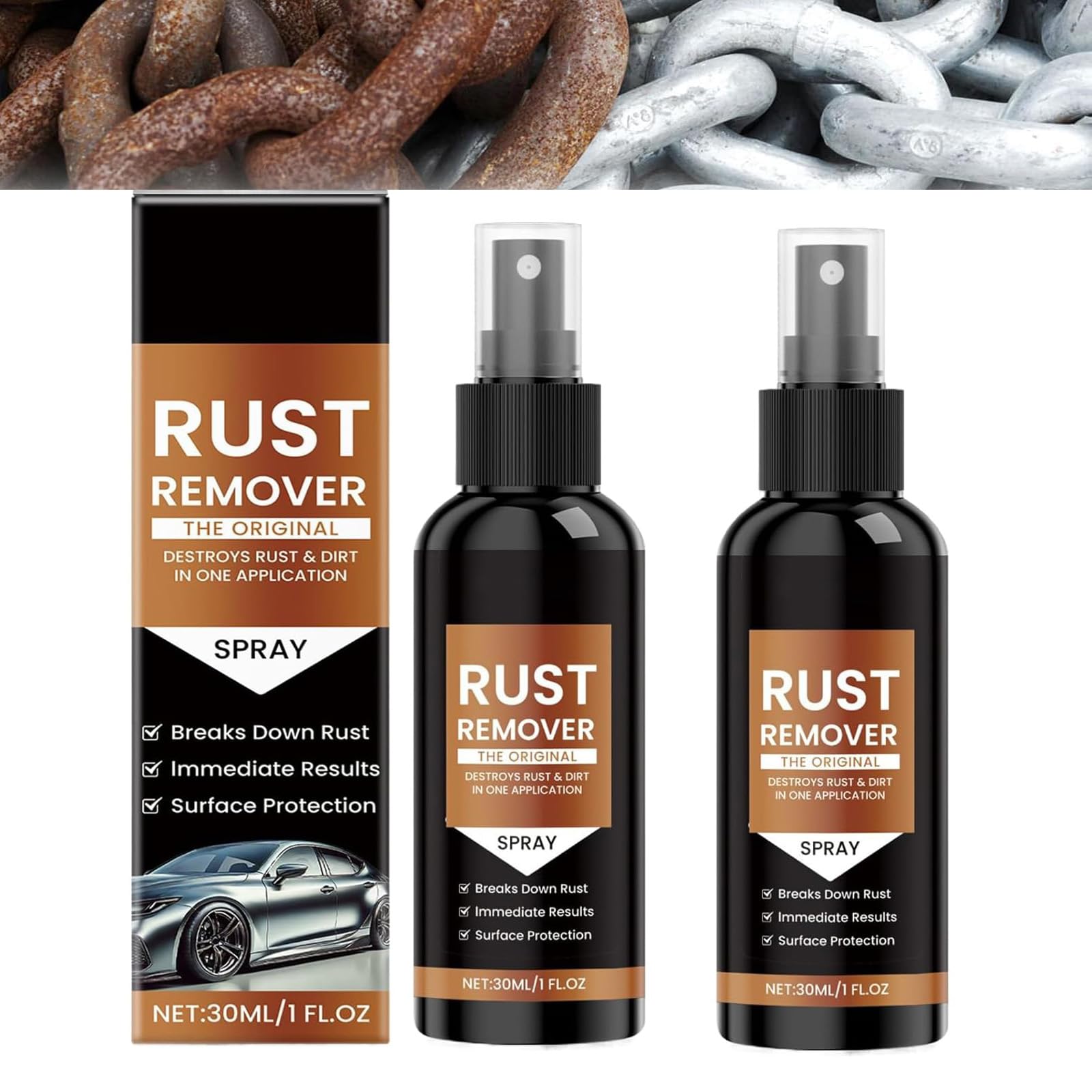 Rust Remover Spray for Metal, 2025 Upgrade Rust Remover for Metal, Multipurpose Rust Stain Remover, Fast Acting Heavy Duty Rust Dissolver for Cars, Tools, Bolts & More（2Set*30ml）