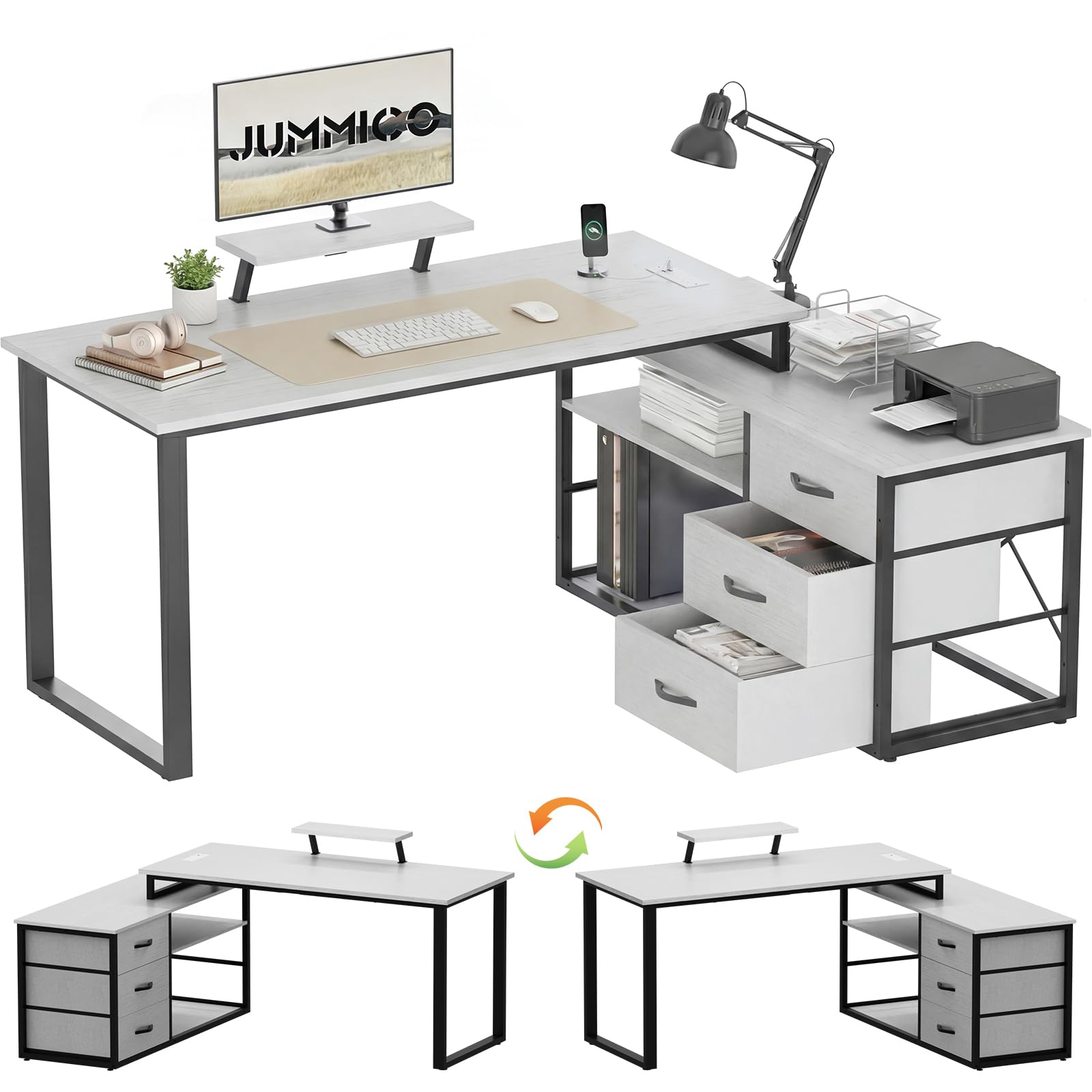 JUMMICO L-Shaped Desk with 3 Drawers, 140 x 100 x 75 cm, Corner Desk with Shelves, Reversible L-Shape Design with 2 USB Charging Ports & 2 Power Outlets, Home Office Desk, Gray