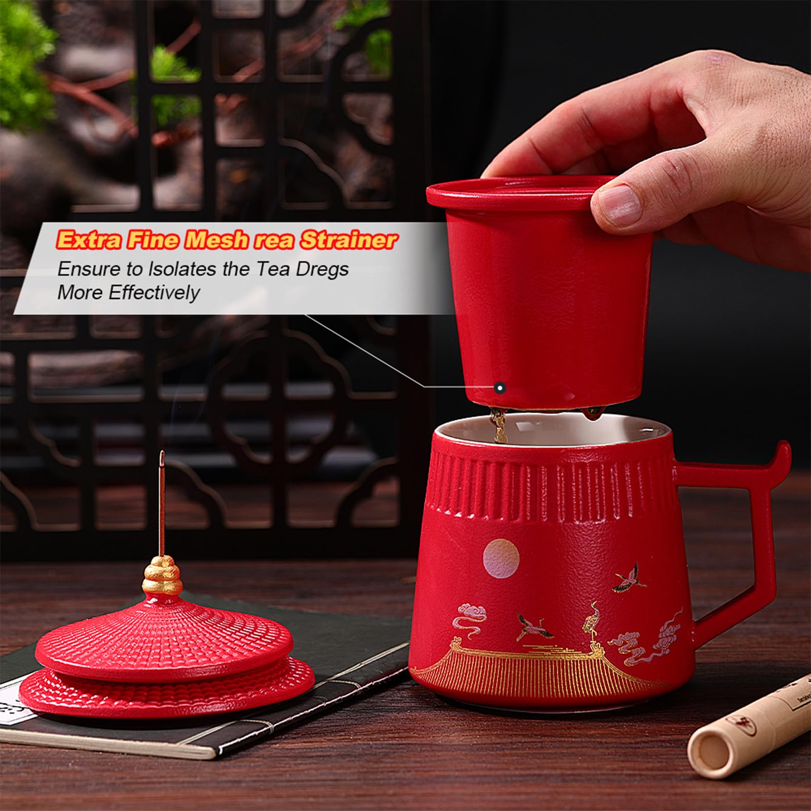 Taza de té de cerámica con infusor y tapa, taza de 14.5 onzas para té de hojas sueltas, taza de té grande de viaje con colador fino y asa para regalos para amantes del té