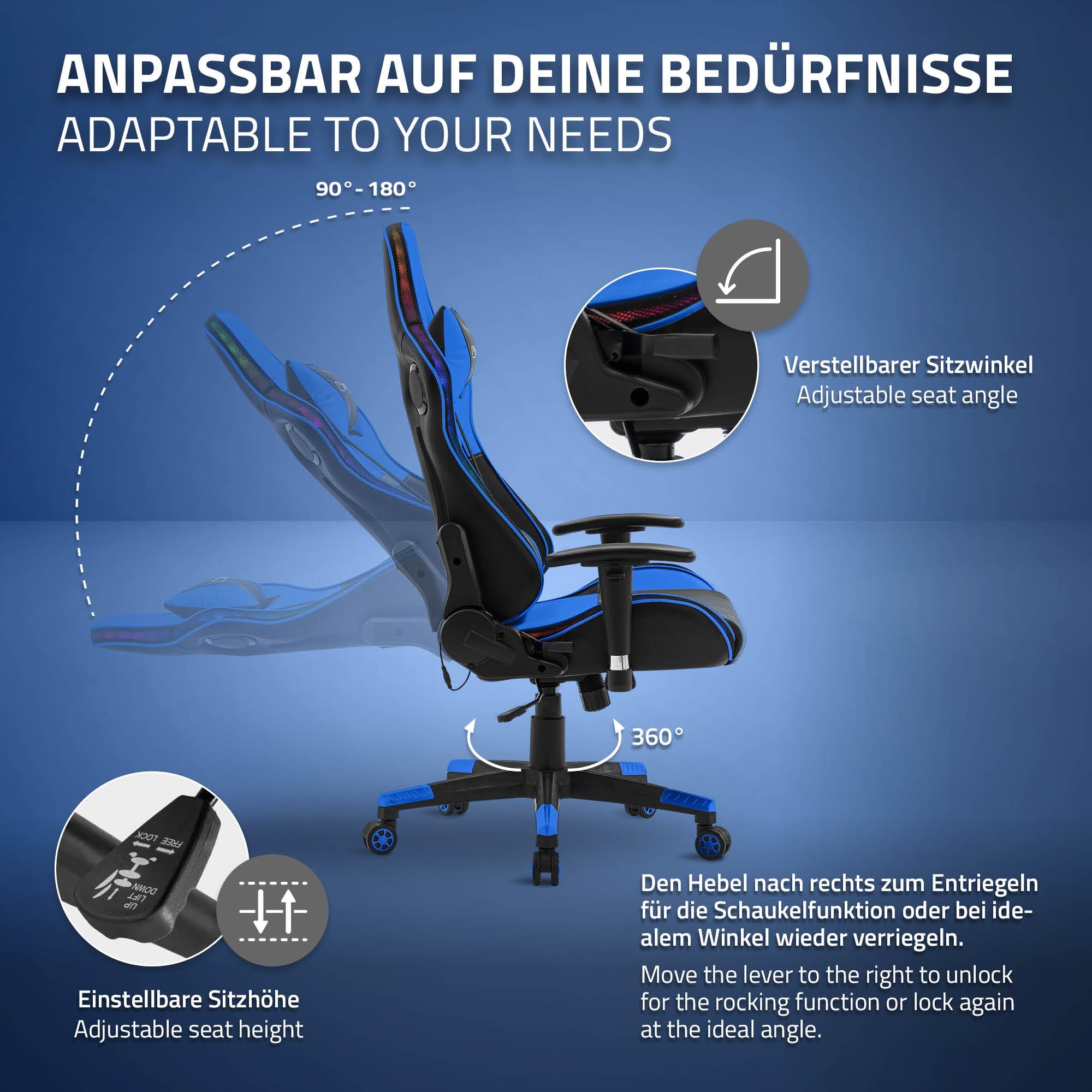 ML-Design Sedia da Gaming Illuminazione LED RGB e Altoparlanti Bluetooth e Cuscino Lombare Ecopelle Blu Poltrona Ufficio Ergonomica Confortevole Braccioli Poggiatesta Altezza Regolabile Reclinabile