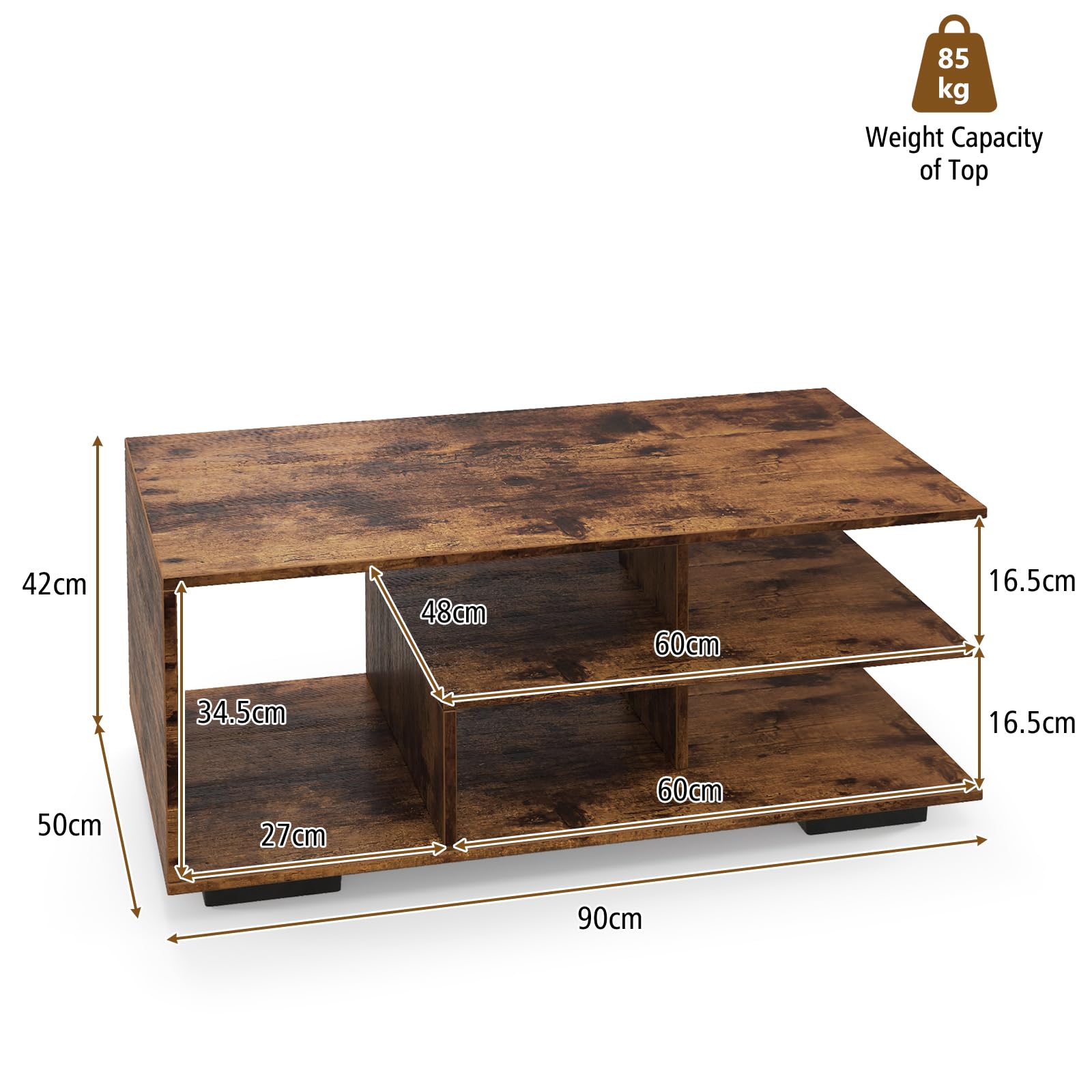 LIFEZEAL Mesa Centro de salón, Mesa Baja de sofá con 3 estantes, con 5 Compartimentos, Mesa de café de 3 Niveles para salón, Oficina, 90x50x42cm (Marrón)