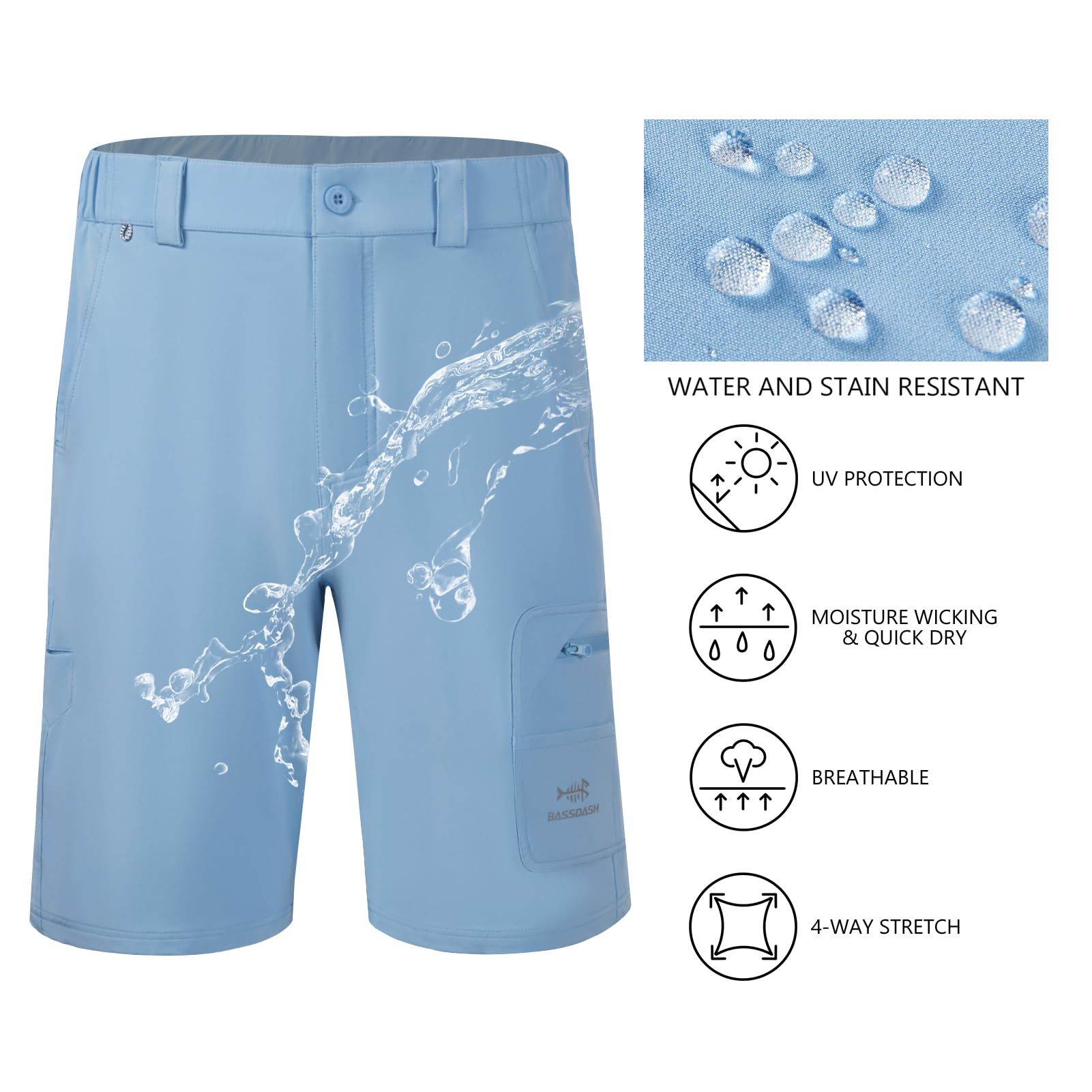 Bassdash FP01M Short Cargo de pêche pour Homme 10,5" à séchage Rapide UPF 50+ résistant à l'eau