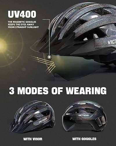Miniatura 23 de VICTGOAL Casco de bicicleta con luz trasera recargable por USB, gafas magnéticas desmontables, visera solar extraíble, cascos de bicicleta de Negro