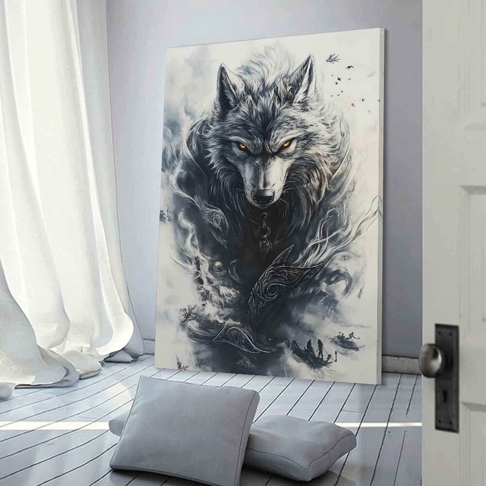 Junmoney Frame-Style-37 Canvas Wall Art Alpha Wolf With Glowing Eyes, 08X12inch(20X30cm), For Gallery Wall Decor And Room Displays, Decorative Artwork With Flexible Styling