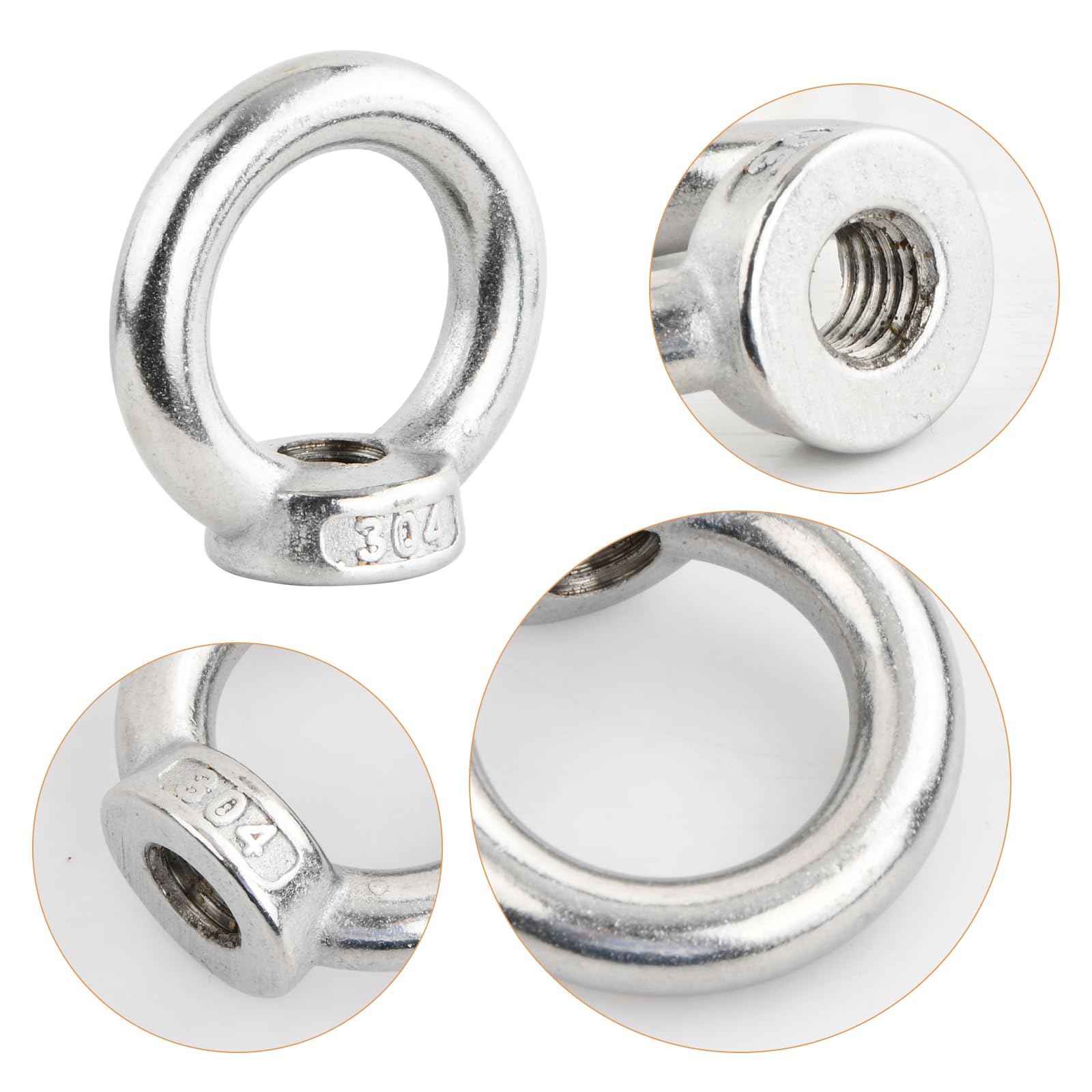 Gudalea 5pcs M10 Stainless Steel Ring Nut, 230KG Load Capacity, Left Hand Thread, Forged Eye Type, Silver - Image 2
