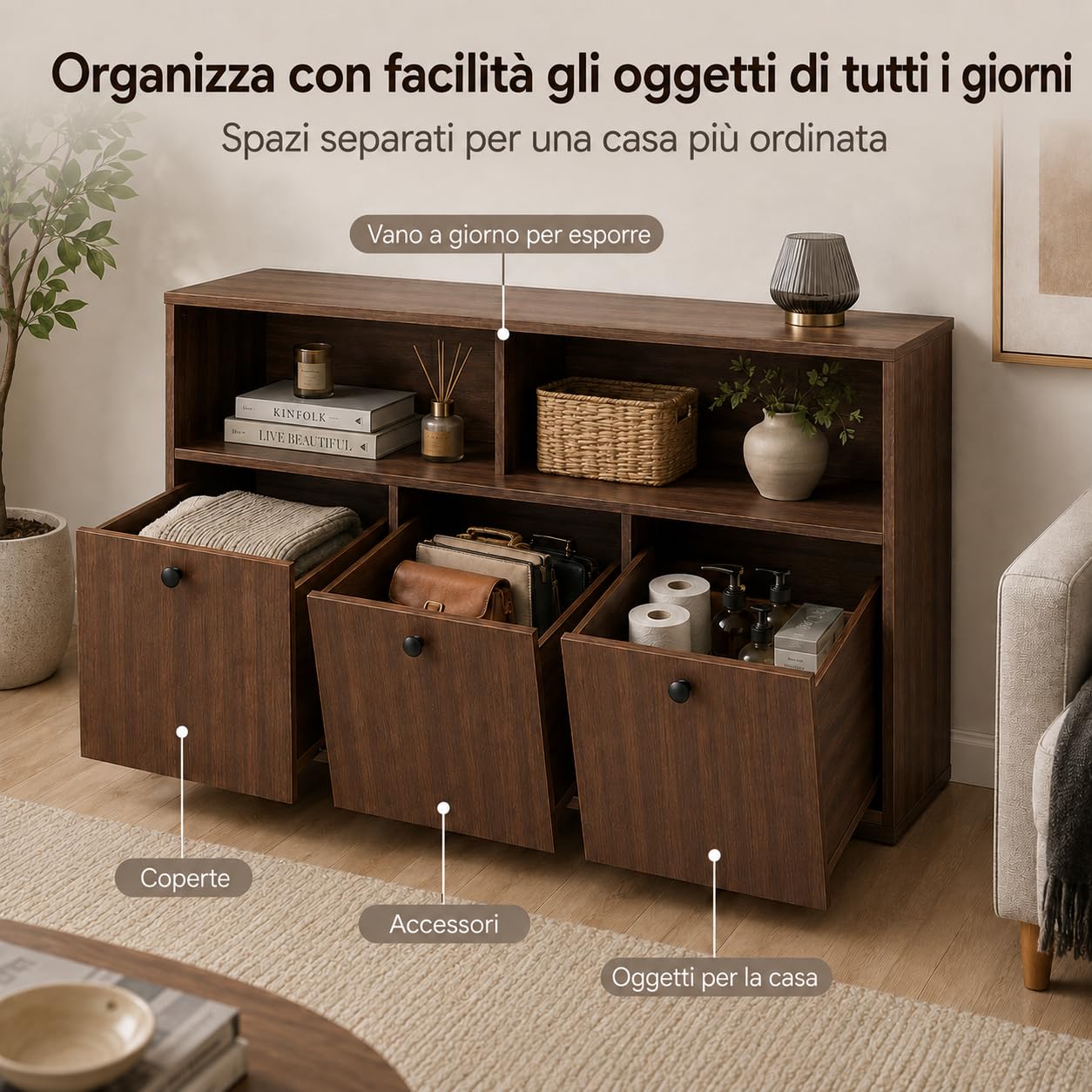 Armadietto Salvaspazio, Mobile Contenitore con 3 Contenitori Estraibili
