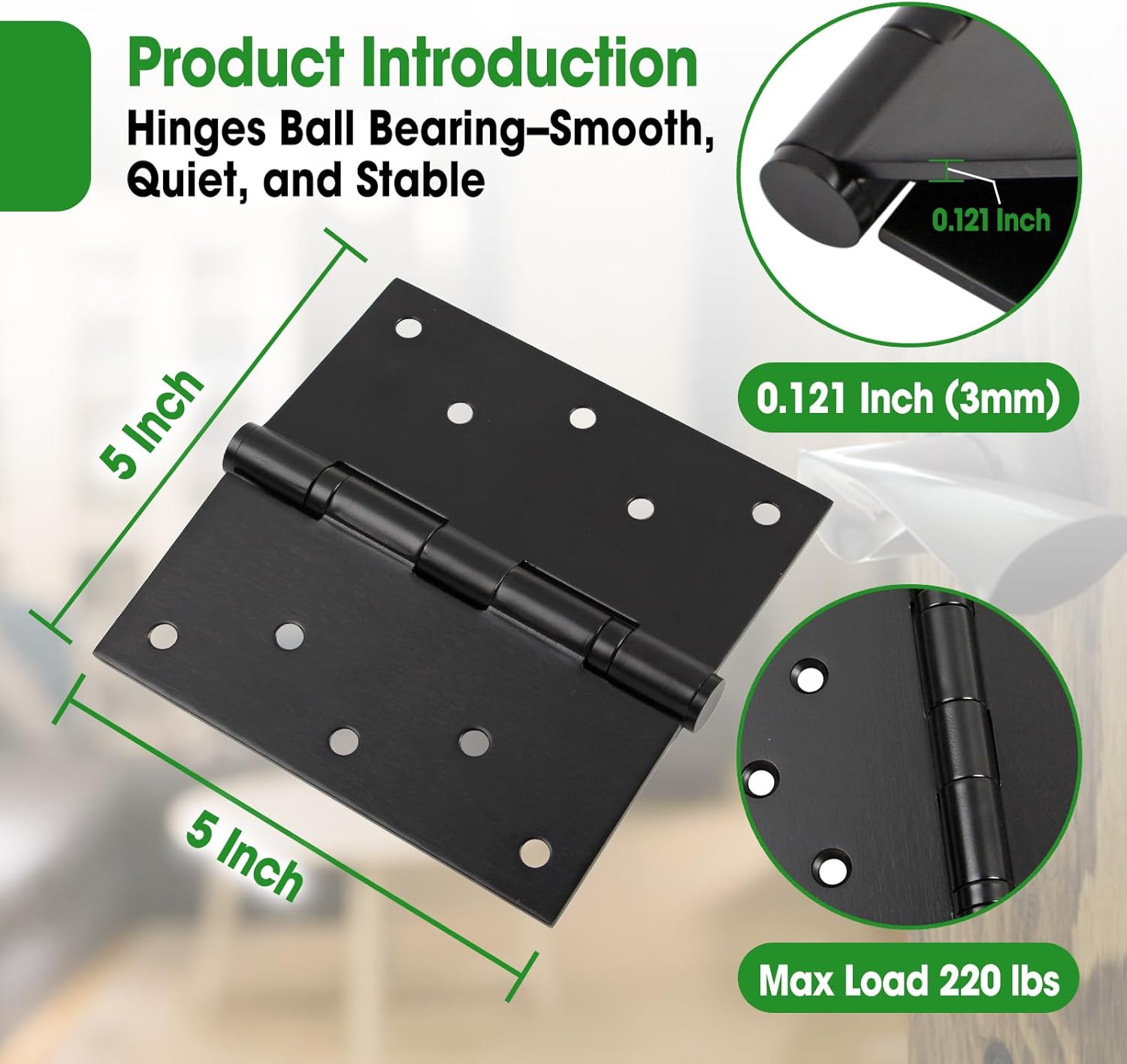 5 Inch Heavy Duty Door Hinges Max Load 220 lbs, 5" x 5" Stainless Steel Hinges Ball Bearing with Square Corners for Indoor and Outdoor Doors, 4 Pcs Black with 40 Screws