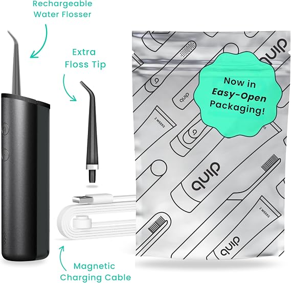 quip Water Flosser with Replacement Tip - Cordless Water Flosser with Adjustable Pressure - Teeth Cleaner Pick with 360 Degree Rotating Replaceable Tip, Rechargeable Water Dental Pick - All-Black