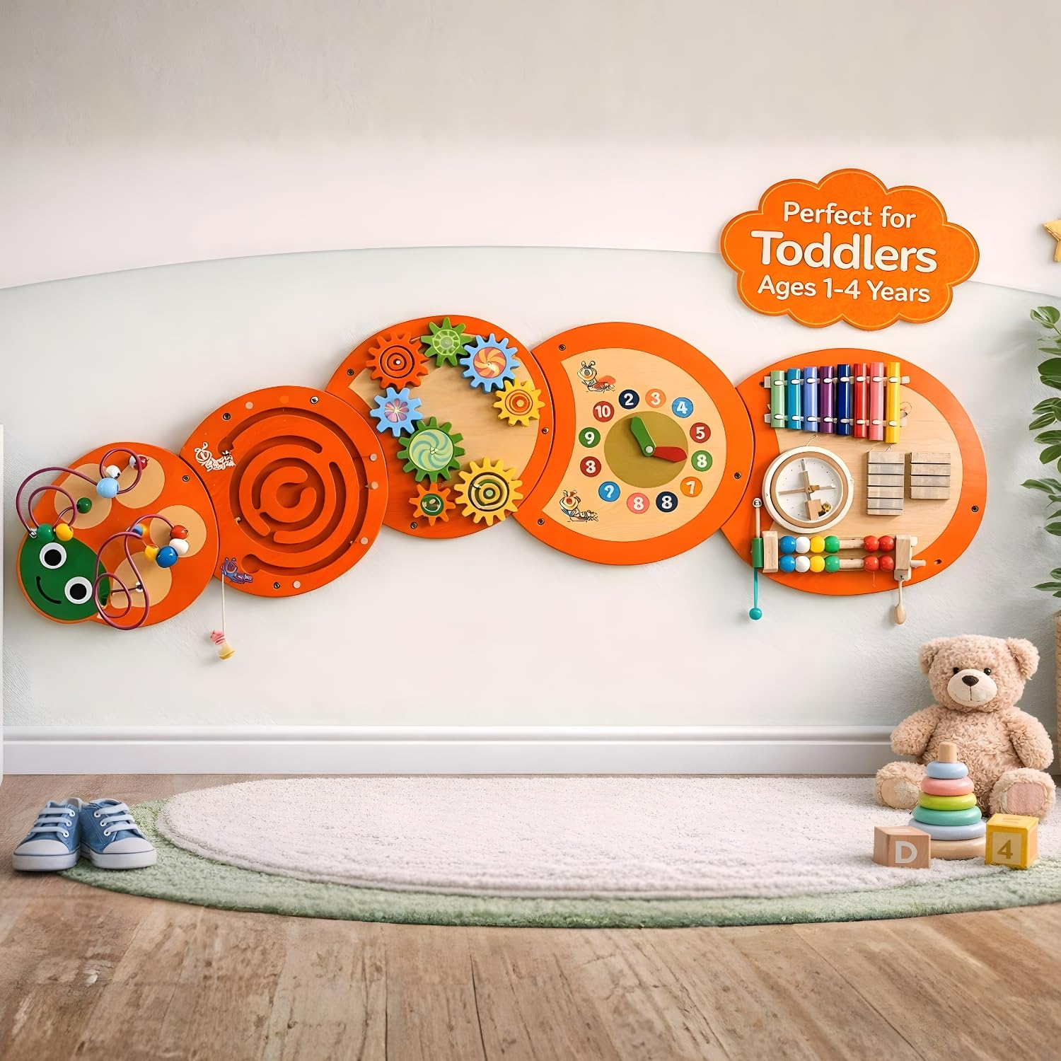 Blue Bells Toys Snail Activity Wall Toy for Kids Wooden Montessori Educational Wall Toy with Gears, Beads Clock & Sensory Play for Toddlers & Preschool Children-image-1