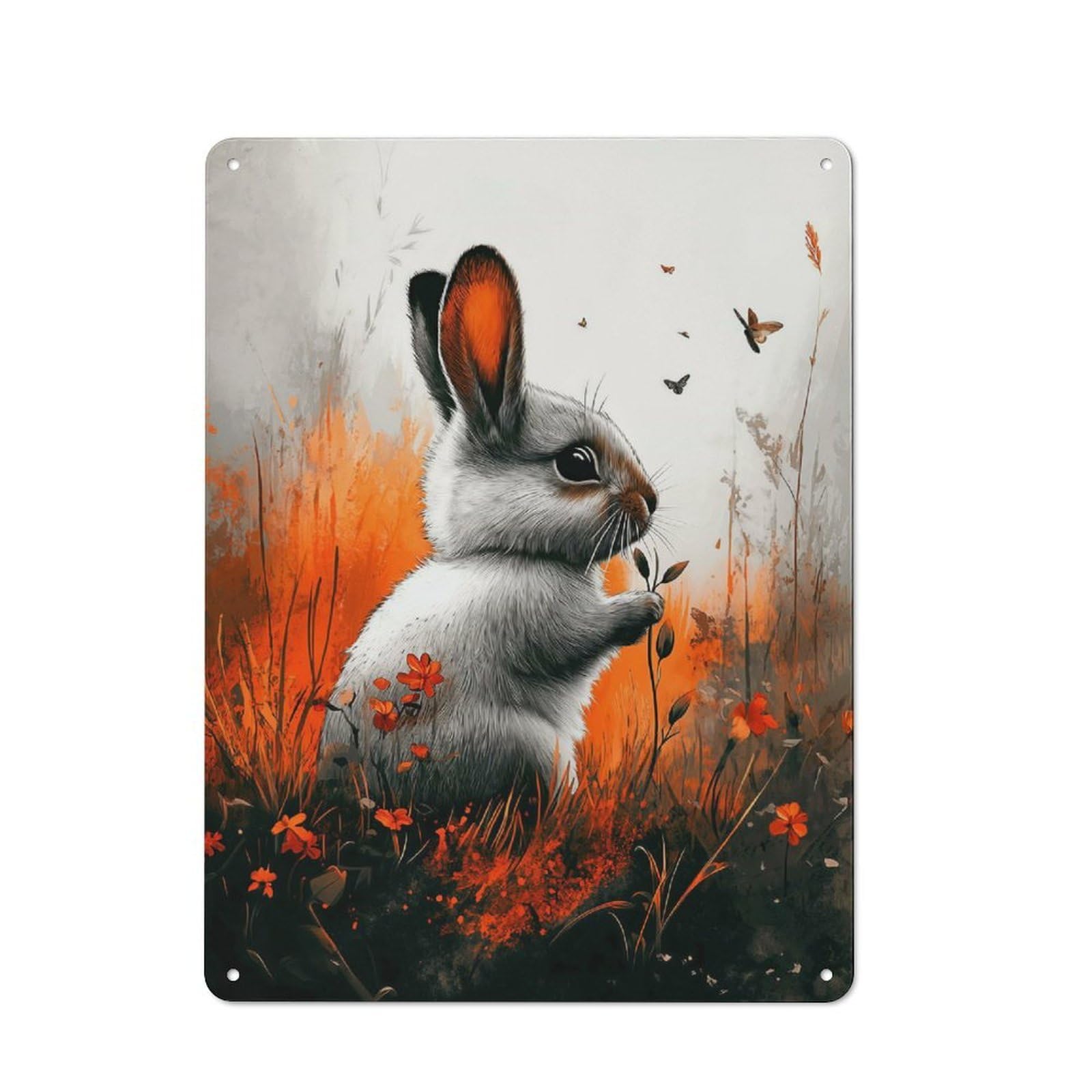 Junmoney Style-22 Whimsical Bunny In Floral Meadow Tin Wall Plaque 40X30cm, Rustic Cottage Wall Art For Dining Room, Cafe, Entryway Or Family Room