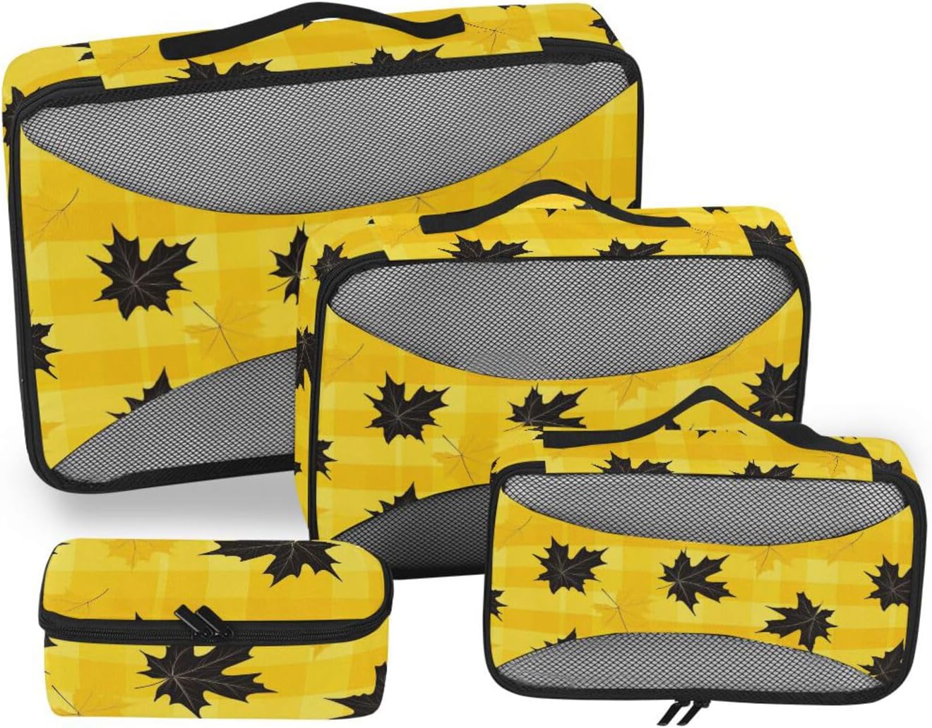 Yellow-black Maple Leaf Lattice 4 Pcs set organizer for travel Mesh Travel Essentials expandable compression packing cubes