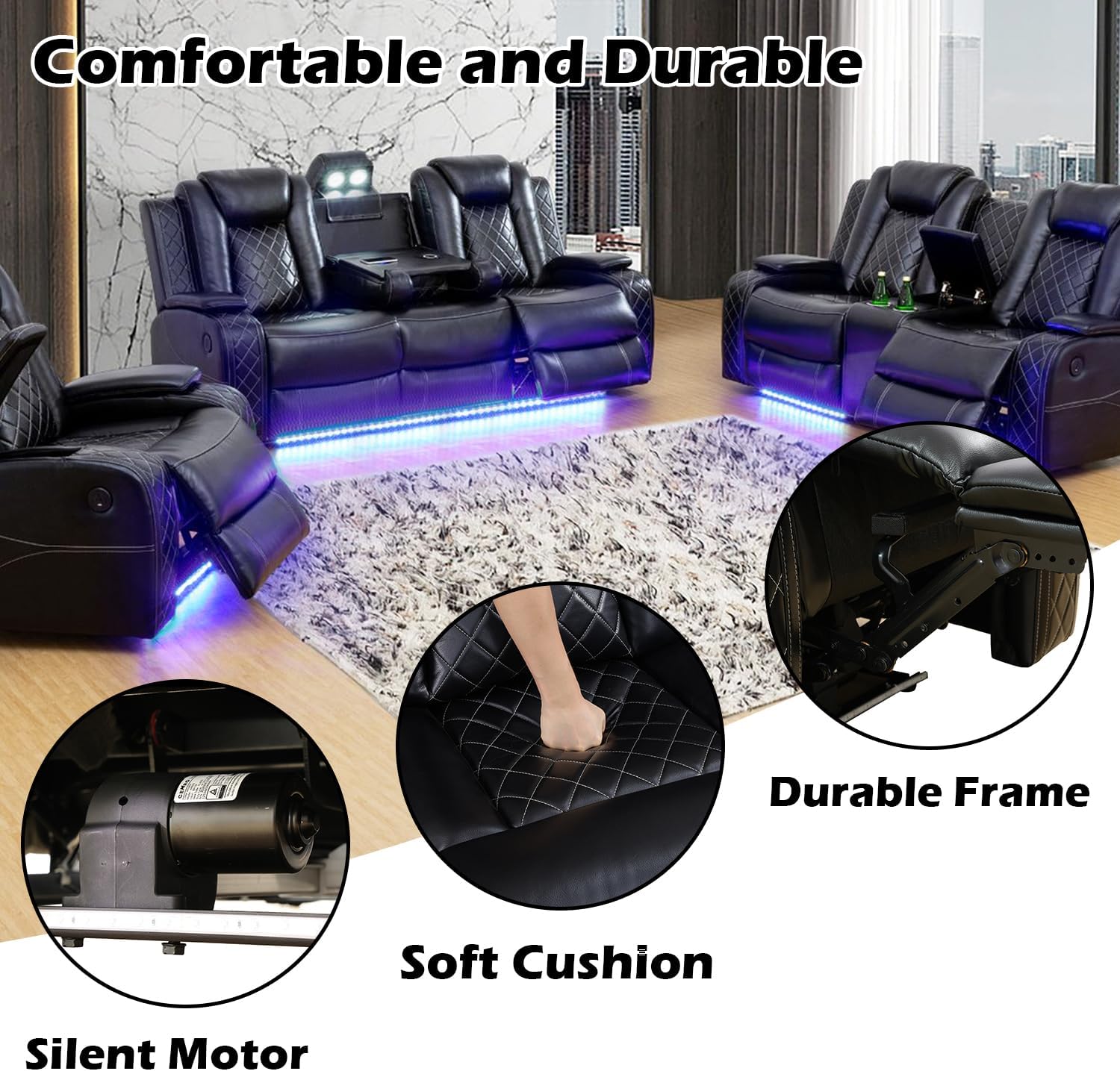 Leather Power Recliner Sofa Set with LED Light，Living Room Furniture Set, Leather Reclining Sofa Set with USB Port Storage Armrest(Sofa+Loveseat+Chair, Black)