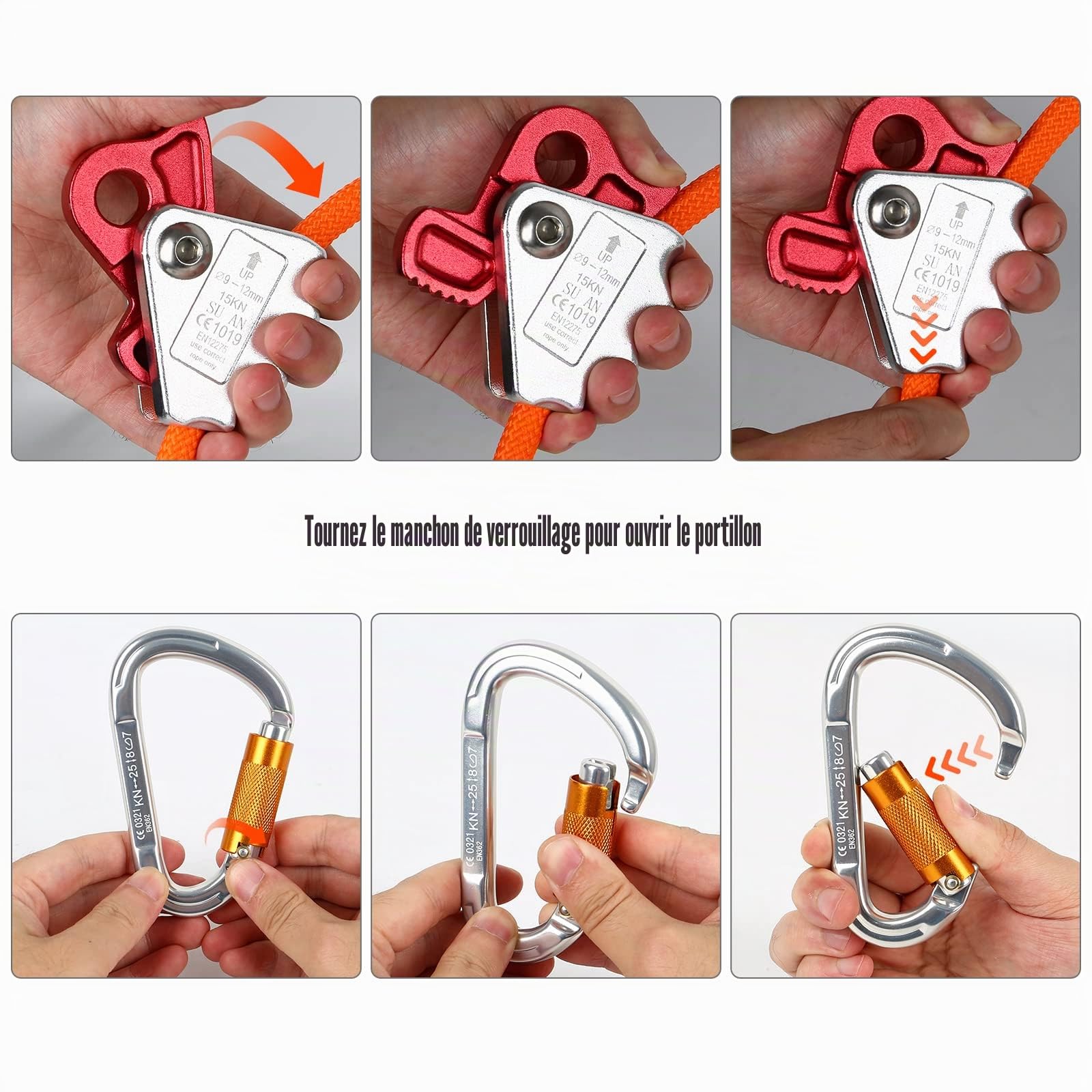 MENAYODA Kits de ligne de câble en acier avec mousqueton triple verrouillage, noyau métallique de 12 mm, cordon réglable pour sécurité contre les chutes, arboriculteurs, grimpeur d'arbres