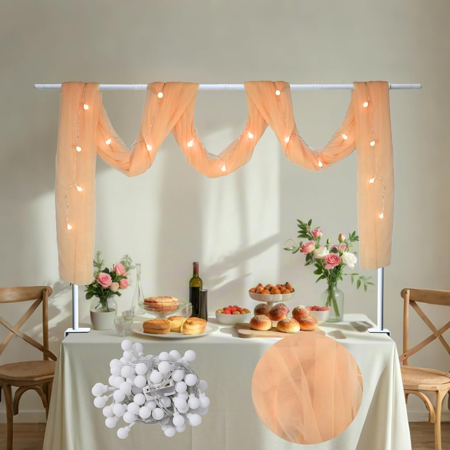 Beyeutao Over The Table Rod Stand with Clamps Over Table Display Bar H30-45'' L16-87''Adjustable Table Arch Rod with Gold Mesh Curtain Table Balloon Arch Stand for Wedding Birthday Christmas