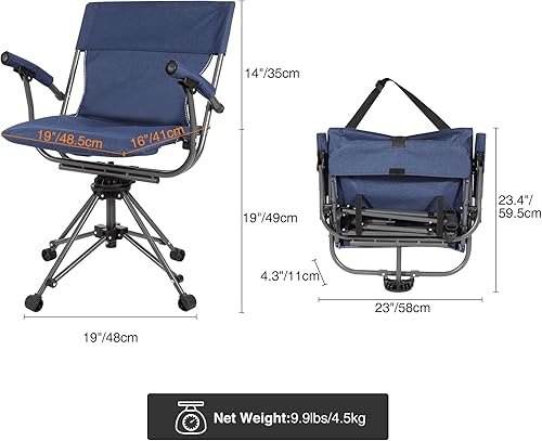Miniatura 3 de REDCAMP Silla de camping giratoria de 360 grados, asientos de caza plegables con reposabrazos para camping, mochilero, pesca, azul