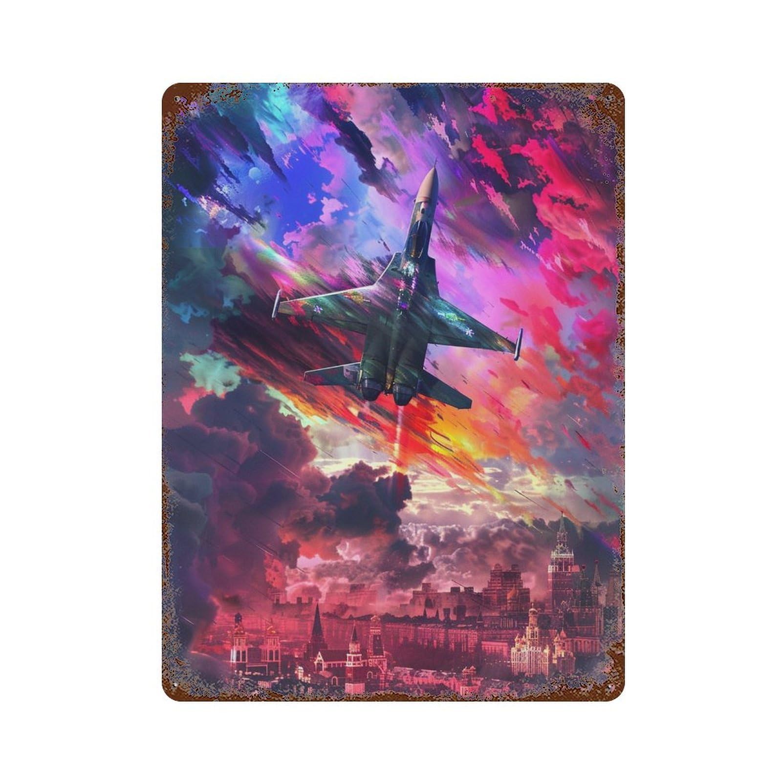 Rust Effect Jet Fighter Sky Cityscape Vintage Rust Metal Sign 15.7"x11.8", Old School Wall Decor for Basement, Hobby Room And Garage Decor