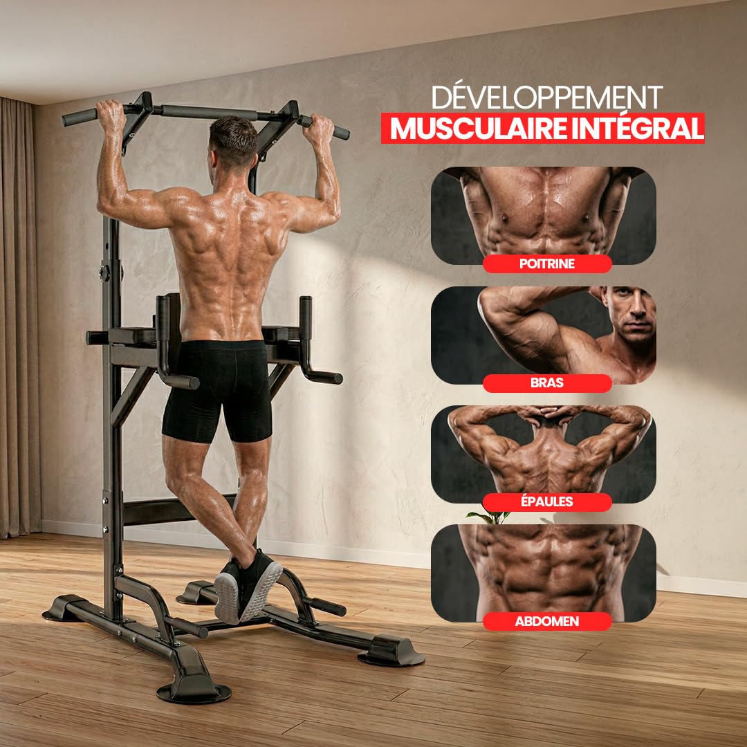 ManiBoom Station Traction "ROC SOLIDE" 220KG - Rack Traction Réglable (165-235cm) avec Base Anti-Bascule Élargie - Tour de Traction Musculation pour Dips et Abdos