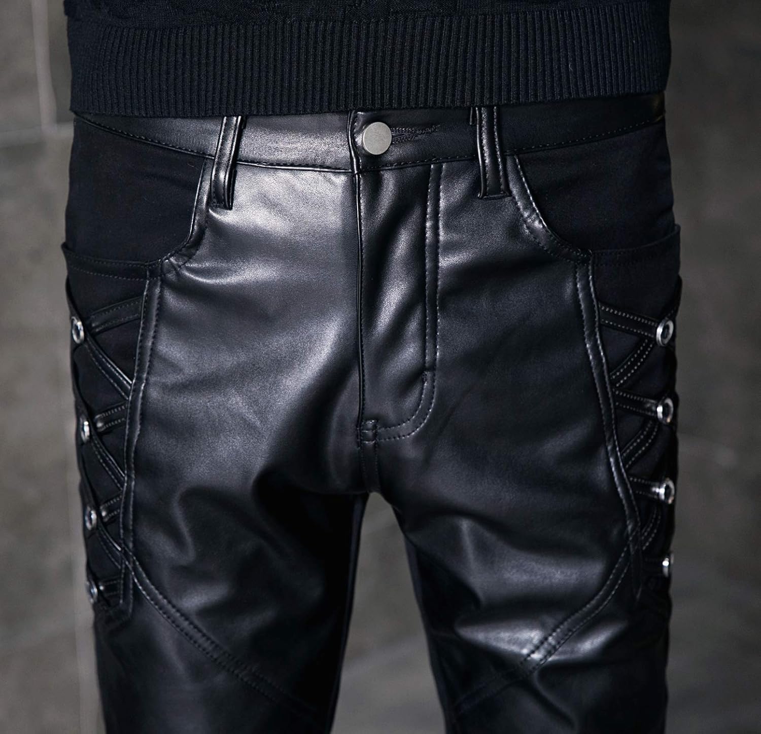 Idopy Men`s Black Party Stage Performance Slim Fit Biker Faux Leather Pants - Image 4
