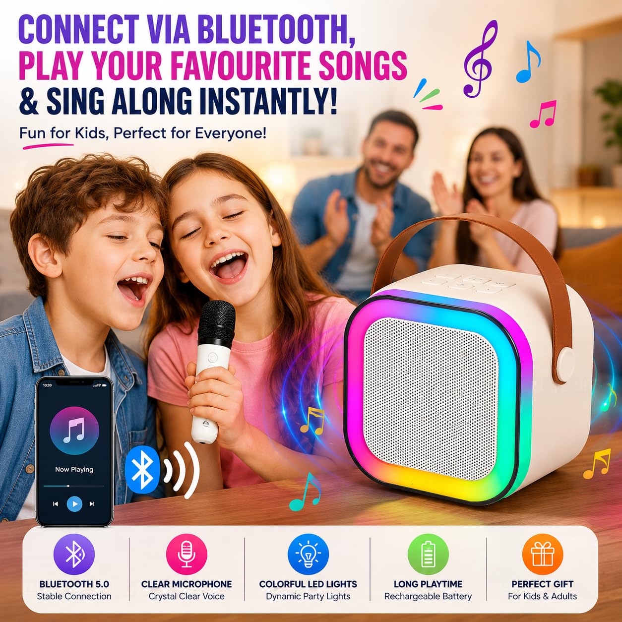 Rechargeable Karaoke Mic with Speaker for Singing | Wireless Mini Portable Bluetooth Speaker with Microphone & LED Lights | Birthday Gift for Kids, Musical Toys for Boys & Girls — Amazon image 6