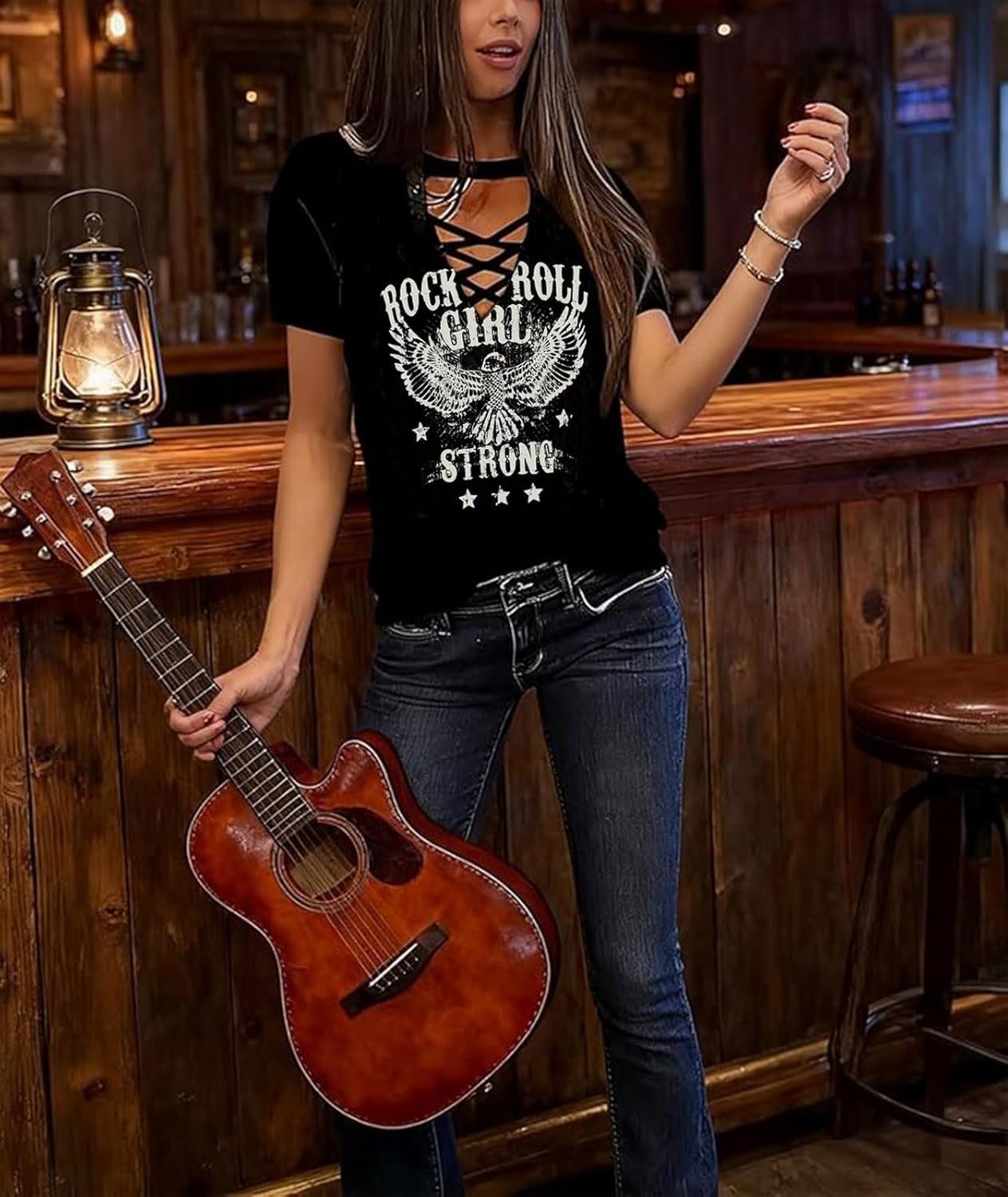 Rock Roll Criss-Cross Hollow Out T-Shirt Women Vintage Concert Rock Band Shirt Retro Country Music Short Sleeve Tops - Image 2