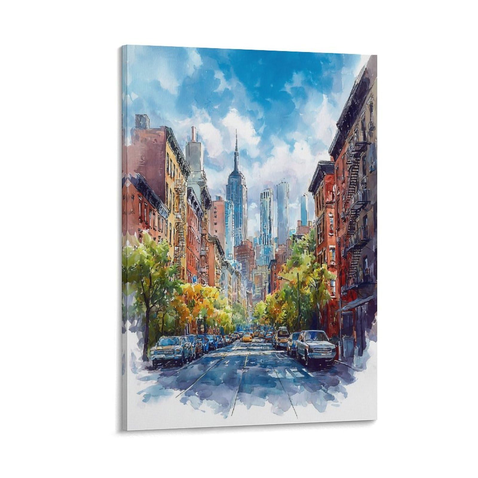 XWYMXZ Brooklyn Watercolor Painting New York Cityscape Poster 24x36inch(60x90cm) Vintage Watercolor Canvas Art