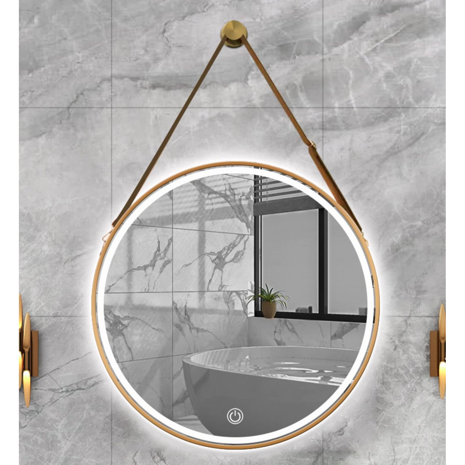 Moderno espejo de baño redondo LED con control táctil inteligente de 900 mm, espejo de tocador montado en la pared con marco dorado decorativo, iluminación tricromática y luces integradas