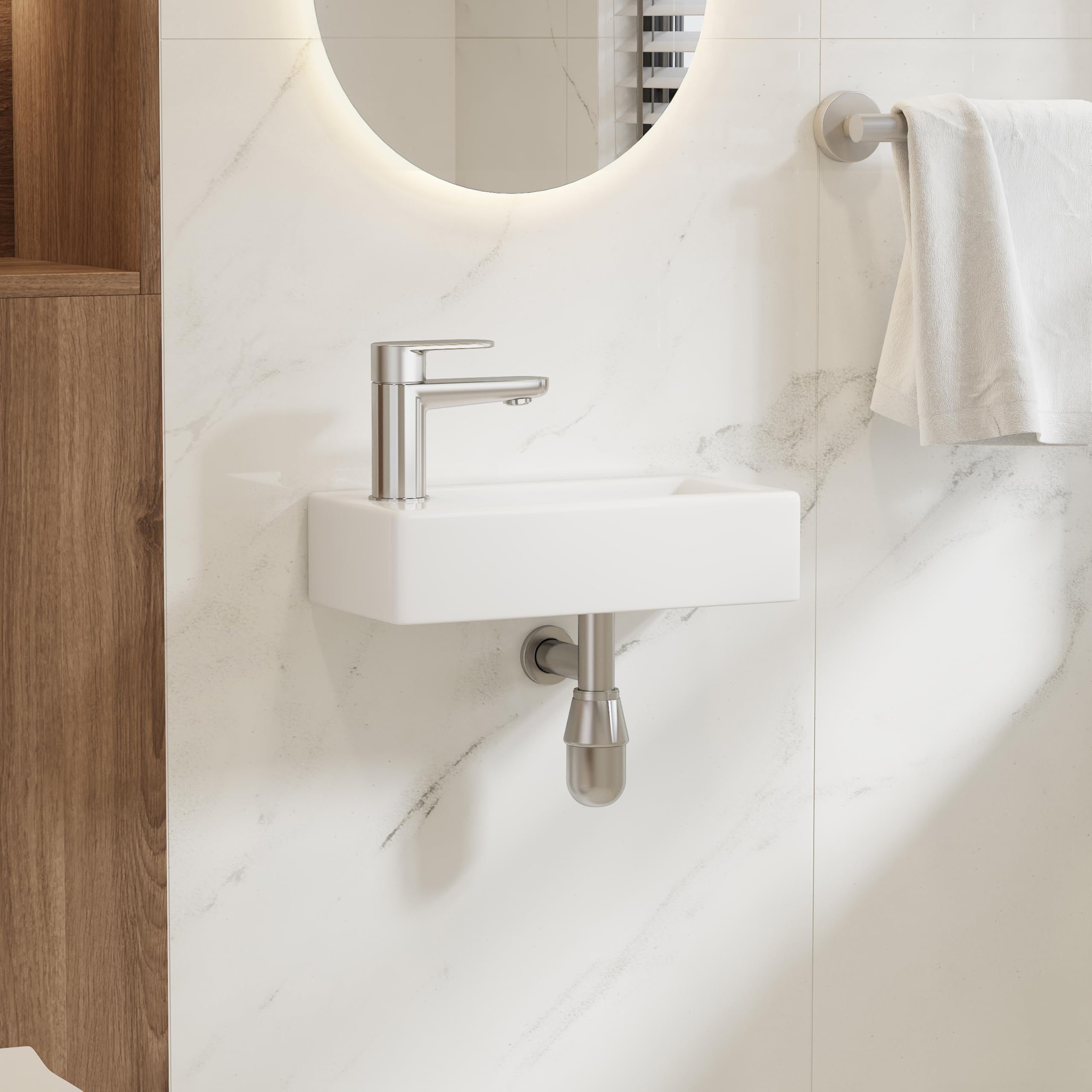 Eridanus Lavabo de baño, para colgar en la pared, ahorra espacio, rectangular de cerámica blanca, grifo izquierdo para lavabo, armario, inodoro, moderno lavabo pequeño (solo lavabo)