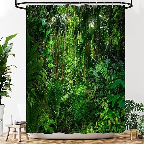 Cortina de ducha de selva tropical, plantas de selva, hojas verdes, bosque, naturaleza, paisaje, cortina de decoración de baño con ganchos