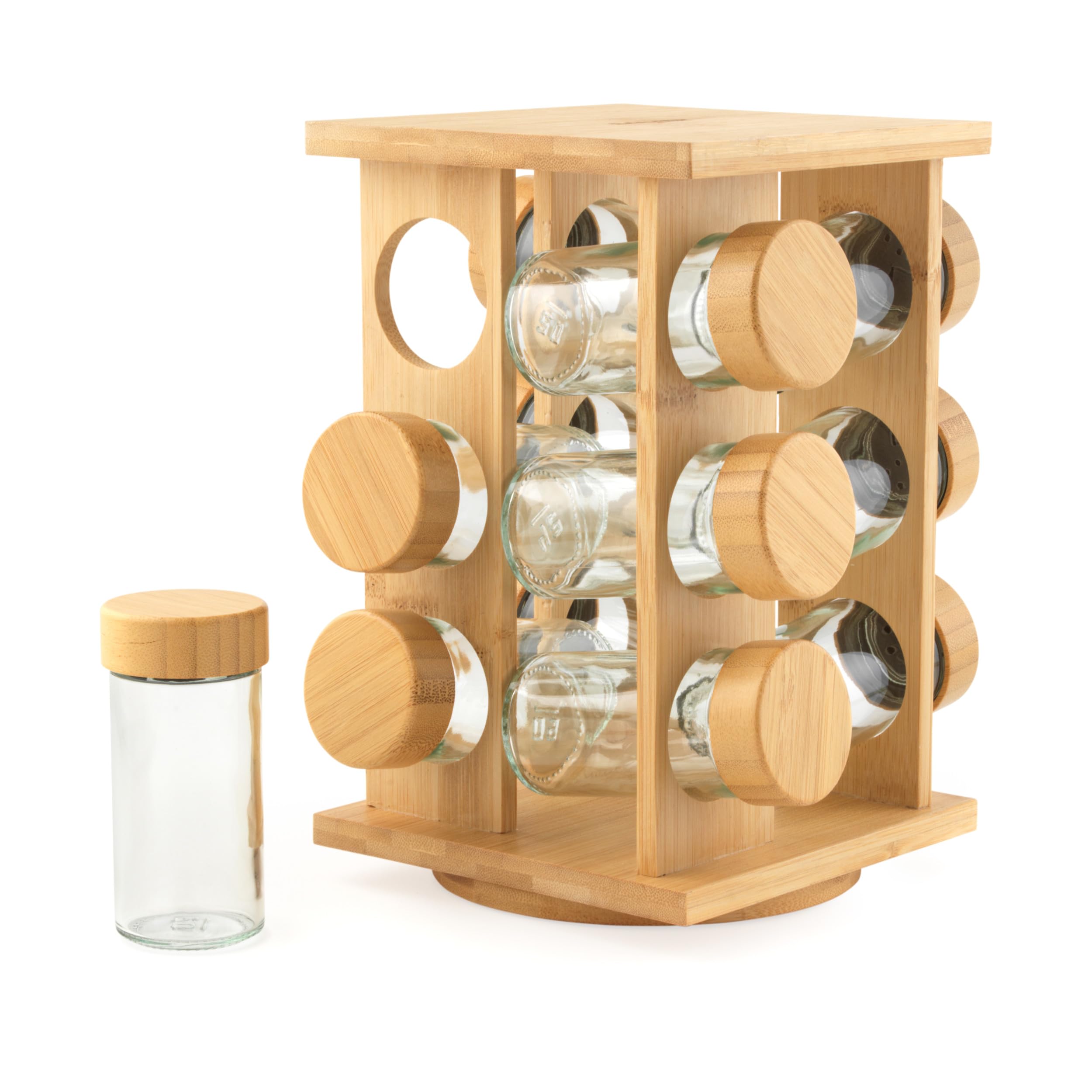 Salter Rotating Spice Rack – 12 Refillable Glass Jars with Labels, FSC®-Certified Bamboo, Screw Lids for Freshness, Easy-Access Spinning Base, Compact Design, Build Collection of Favourite Seasonings
