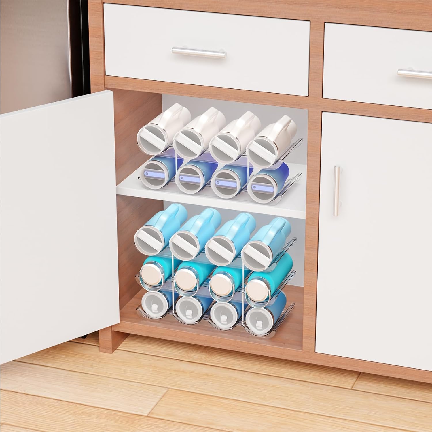 Yieach 2 Tier Water Bottle Holder for Cabinet,Acrylic Wine Rack and Stackable Water Bottle Organizer for Pantry - Waterbottle Organizer for 40 oz Stanley Cup Holder and Other Tumbler Organizers - Image 8