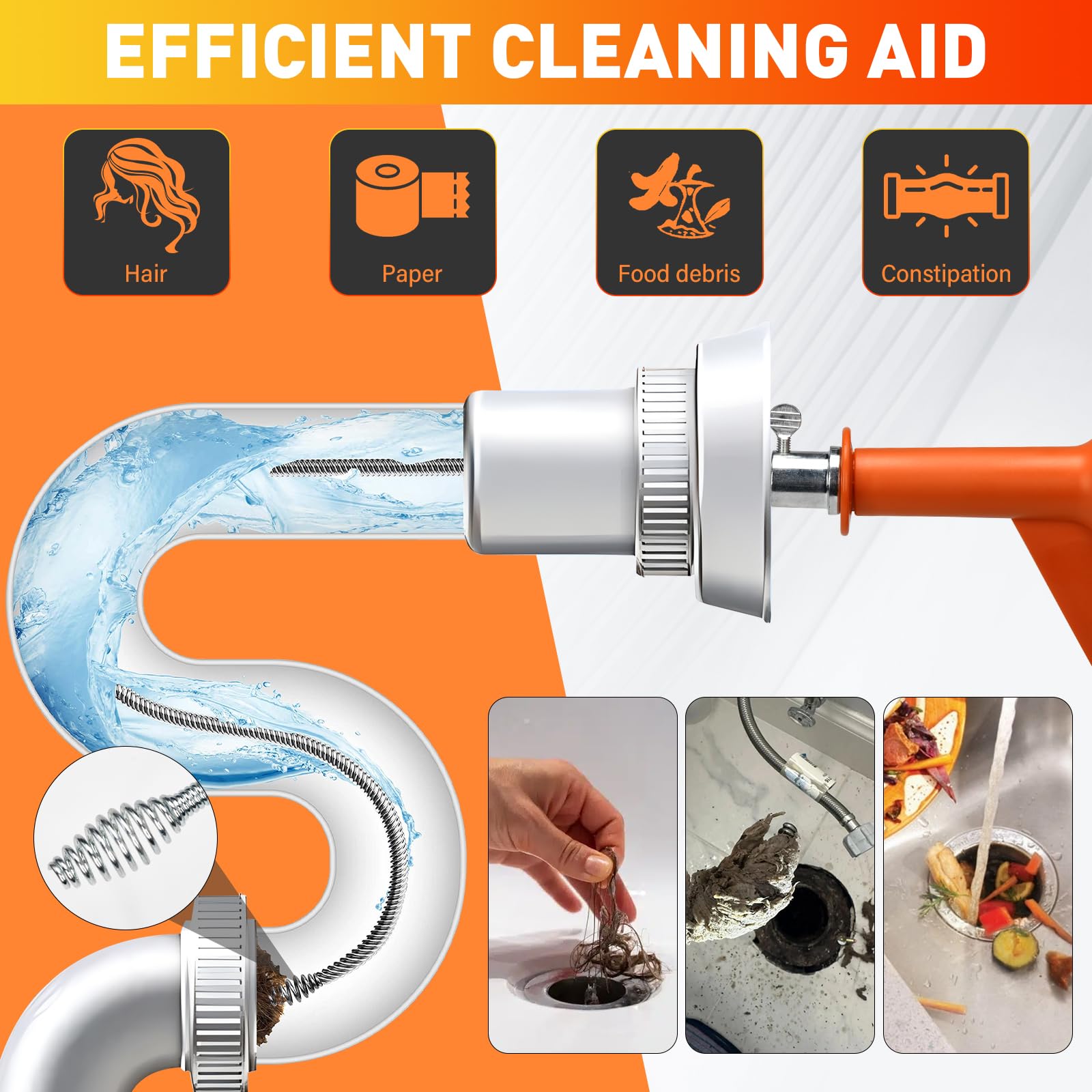Desatascador Tuberías 13m, Espiral Desatascador Profesional de Acero con Accesorios, Cable Desatascador con Guantes, Cepillos y Garra, Limpieza de Tuberías para Cocina y Baño