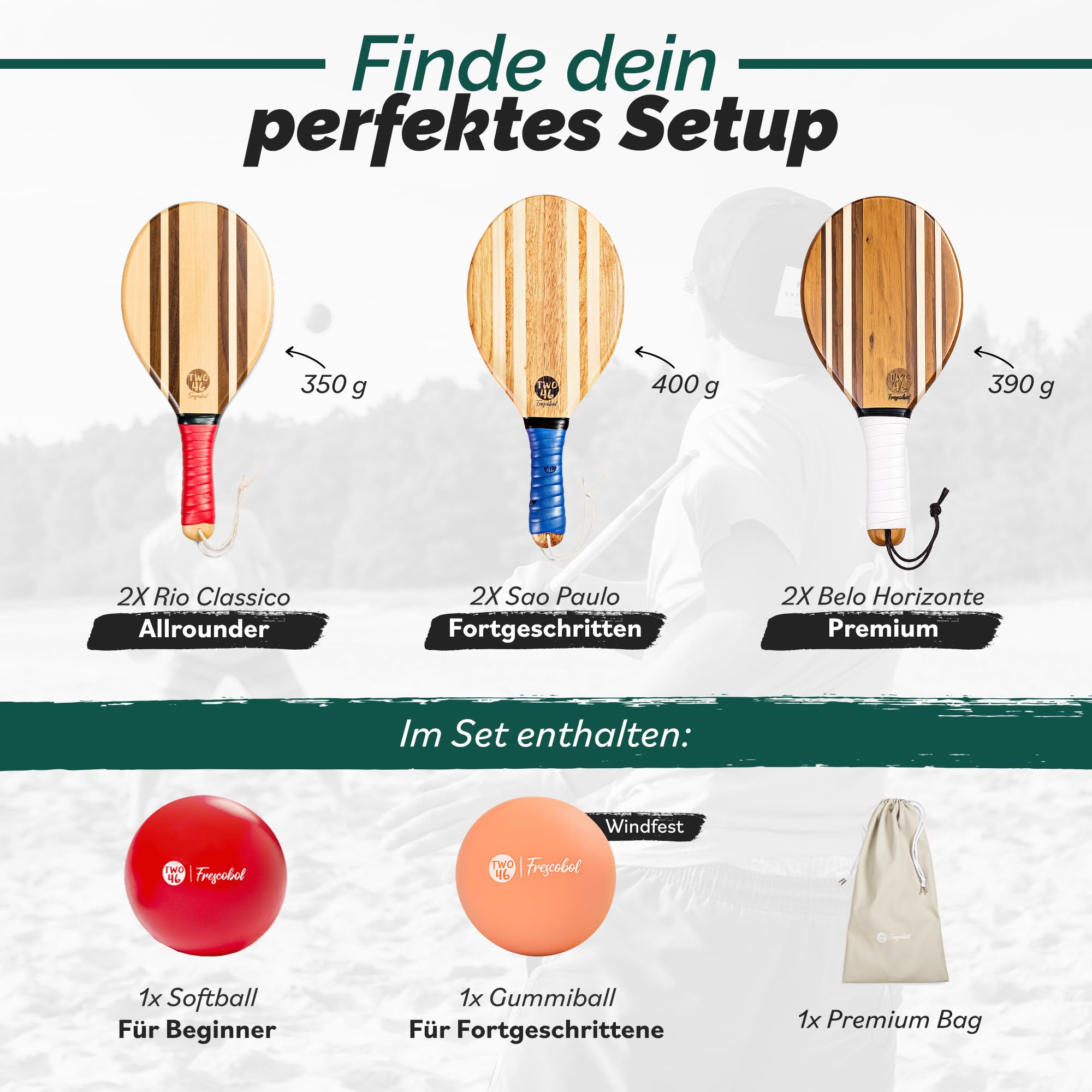 two46 Frescobol - Premium Beachball Set aus Holz | Handgefertigt & Langlebig | TESTSIEGER 2023 | inkl. Anfängerball & Tasche | Perfekte Geschenkidee | Der Trendsport aus Brasilien