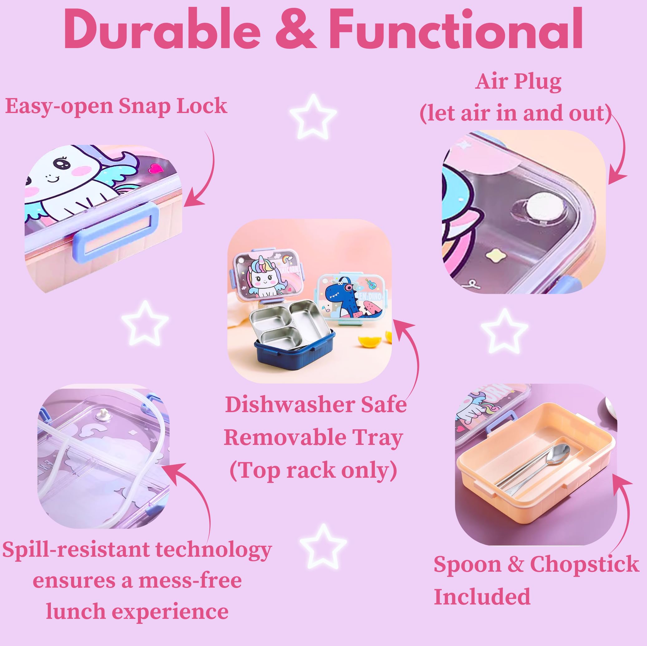 Stainless steel Bento Box for kids with 3 Compartments, Leak Resistance, Durable, BPA-FREE, Eco friendly, Dishwasher Safe, Holds a Variety of Foods, Ideal for school, AGES 3+ (Unicorn Pink)