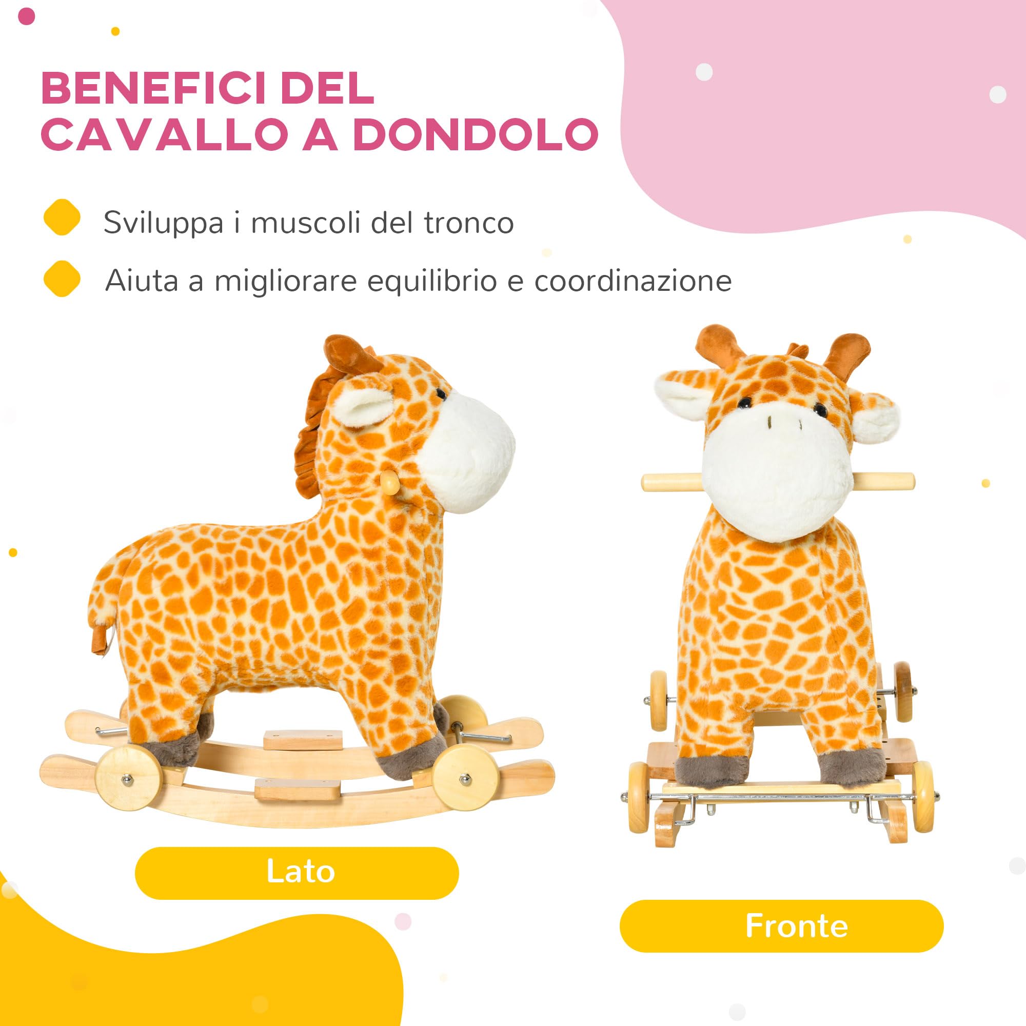 HOMCOM Cavallo a Dondolo per Bambini a Giraffa con Ruote e Suoni, Gioco Cavalcabile per Bambini 3-6 Anni in Peluche e Legno, 63x38x63cm, Giallo