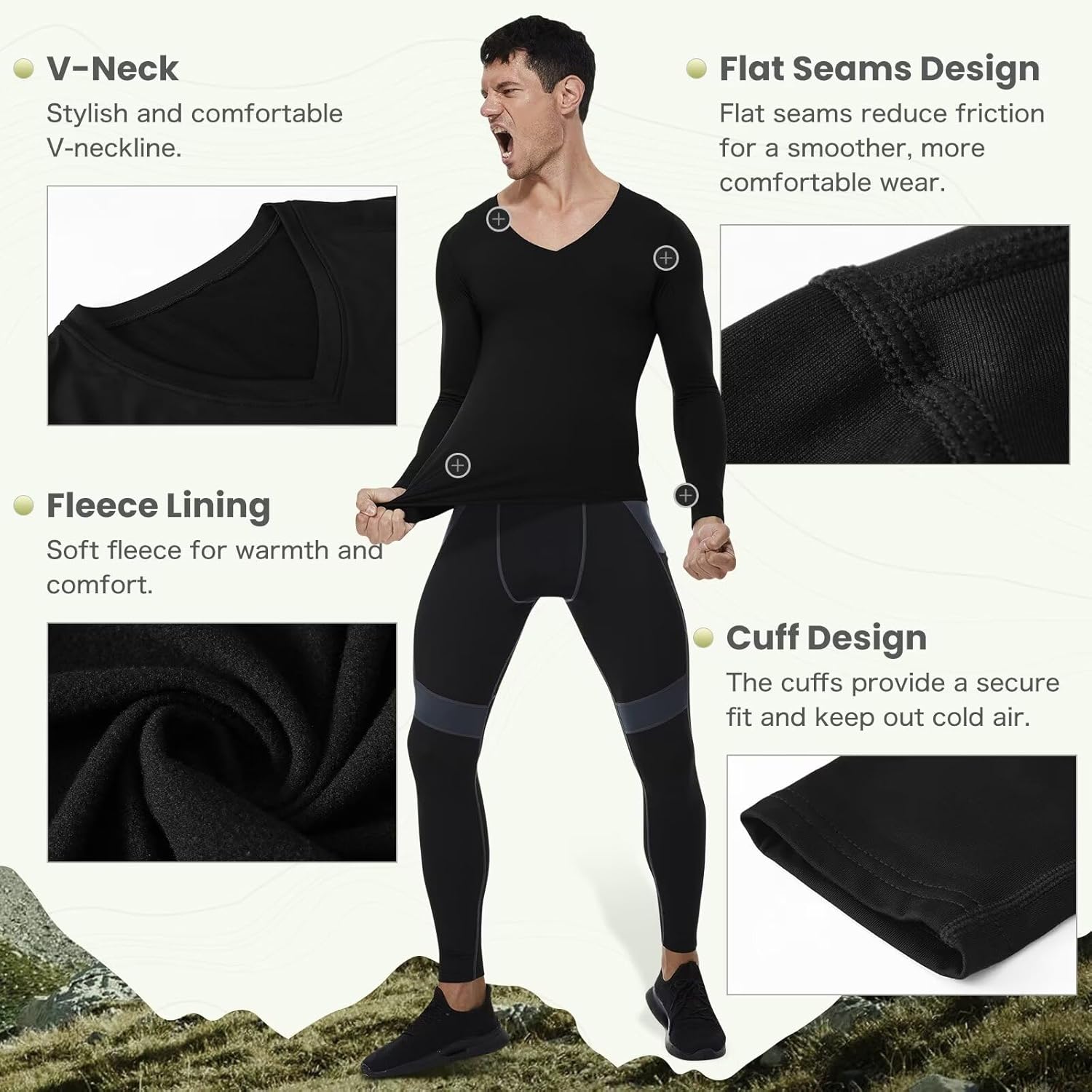 Men's Thermal Compression Shirts V Neck Fleece Lined Long Sleeve Athletic Base Layer Tops for Running Workout - Image 5