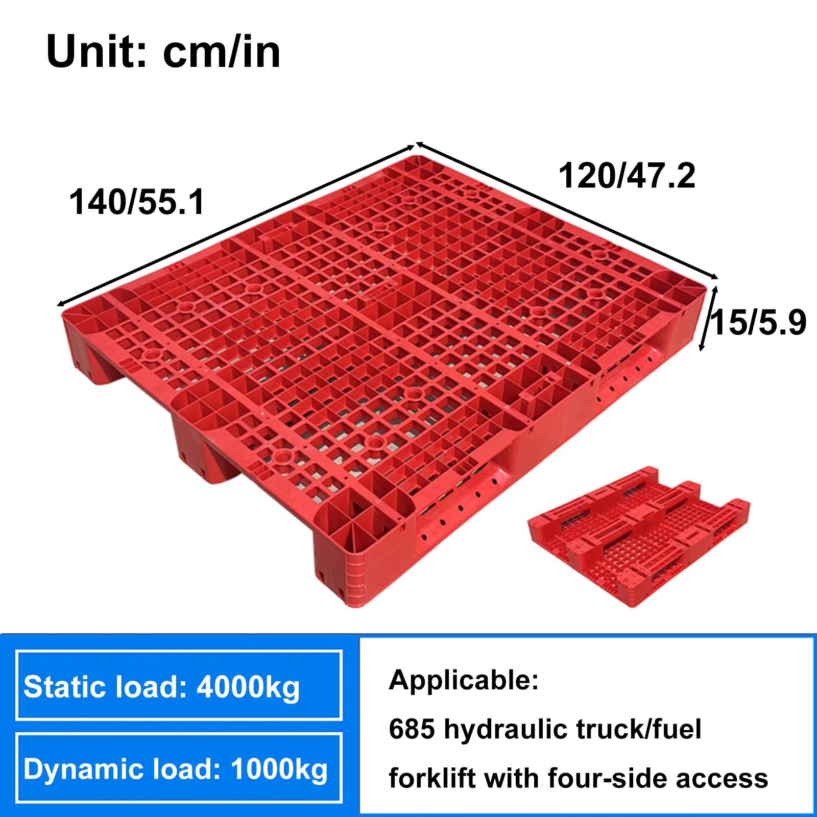 Palette emboîtable légère en polyéthylène avec coussinet antidérapant pour entrepôt, garage, logistique et utilisation en extérieur – Rouge 140 x 120 x 15 cm – Idéal pour nization de sol