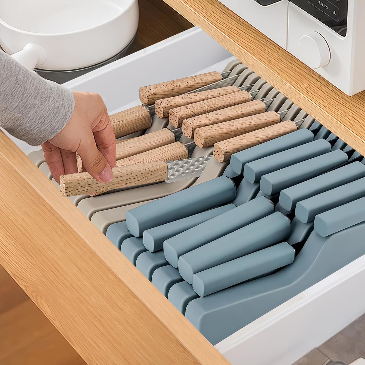 In-Drawer Knife Block Set, 12PCS Stainless Steel Chef Knife Set with Knife Drawer Organizer, Sharp Cooking Kitchen Knife Set with 6 Steak Knives for Kitchenette for Small Spaces Save Space (Khaki)