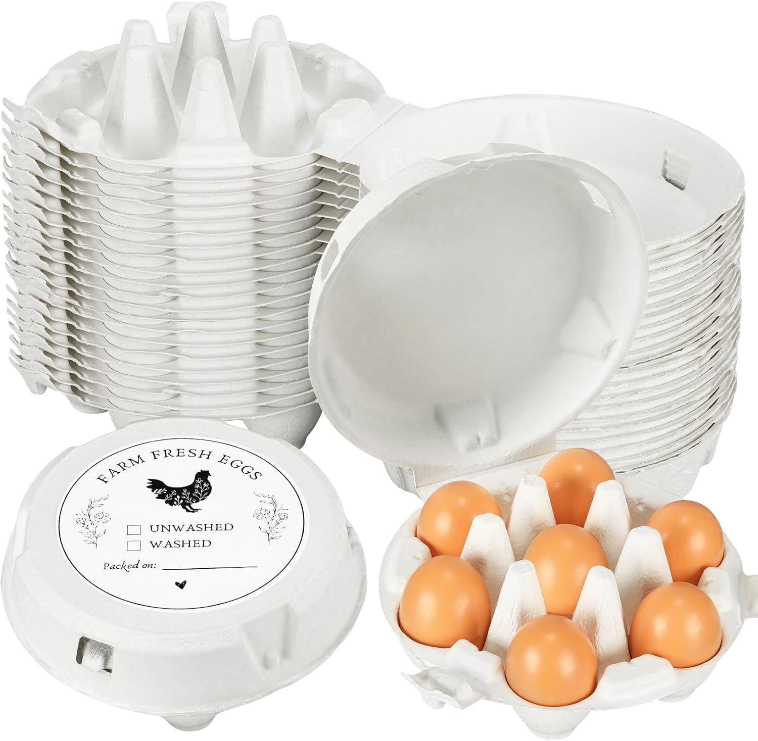 50 Pcs 25 Set Half Dozen Egg Cartons Blank Natural Pulp 7 Count Round Egg Carton with Labels Reusable, Sturdy Natural Cardboard Eggs Tray for Family Farm Market Storing